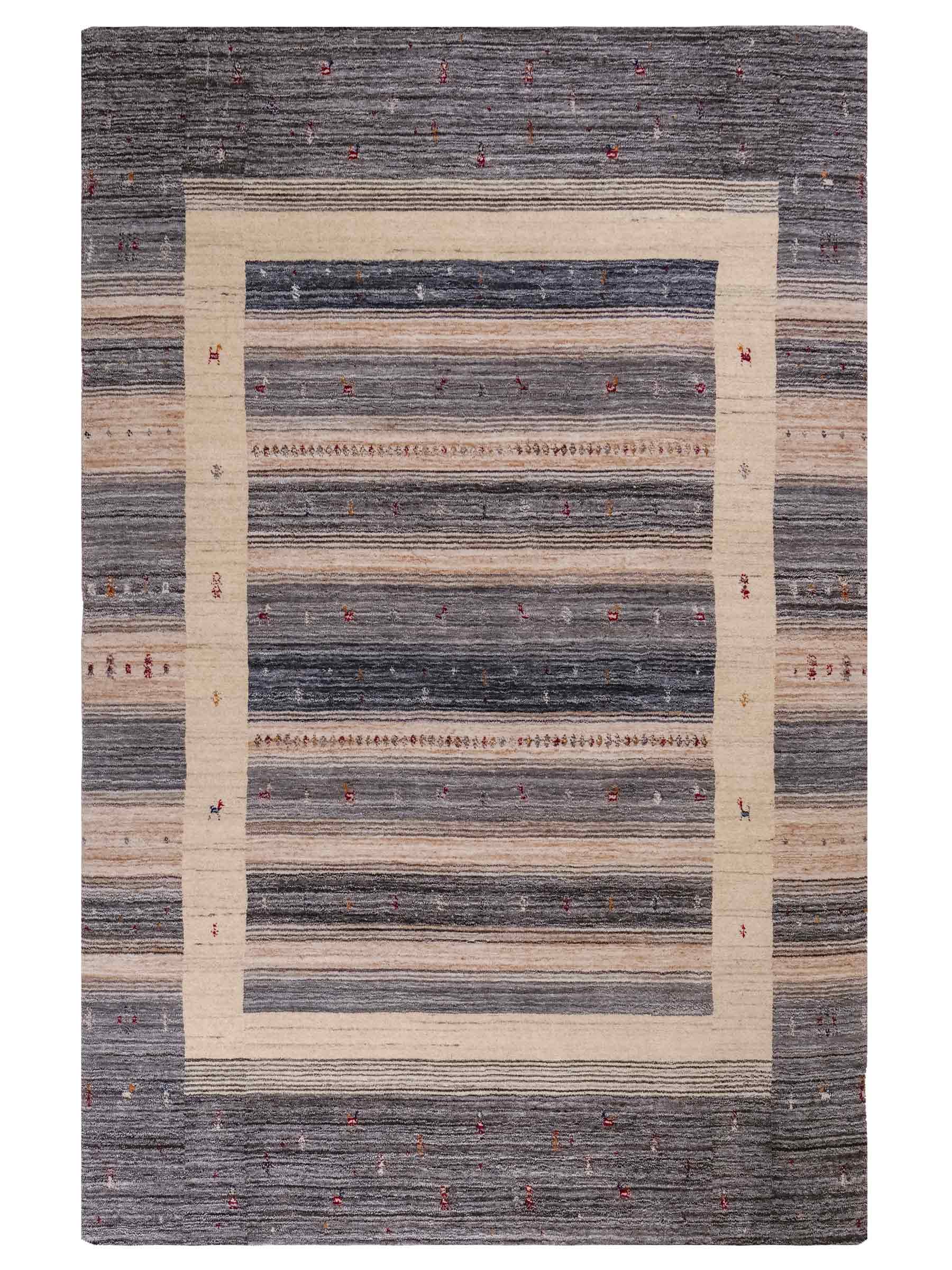 Moderner, Handloom Lori Gabbeh Orientteppich von Khademi aus Wolle, blau, cremeweiß. Geometrisches Nomaden-Design. Produziert in Indien. Größe: 201x141cm. Teppichnummer: KB4-1772. Verkauf durch Jupiter Intl.