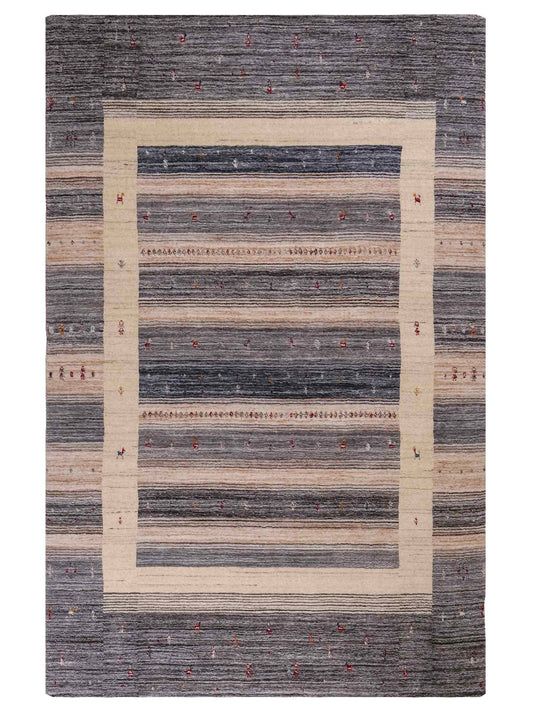 Moderner, Handloom Lori Gabbeh Orientteppich von Khademi aus Wolle, blau, cremeweiß. Geometrisches Nomaden-Design. Produziert in Indien. Größe: 201x141cm. Teppichnummer: KB4-1772. Verkauf durch Jupiter Intl.