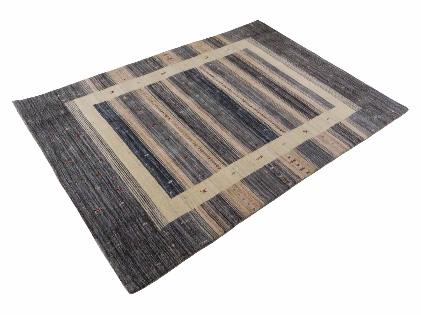 Moderner, Handloom Lori Gabbeh Orientteppich von Khademi aus Wolle, blau, cremeweiß. Geometrisches Nomaden-Design. Produziert in Indien. Größe: 201x141cm. Teppichnummer: KB4-1772. Verkauf durch Jupiter Intl.