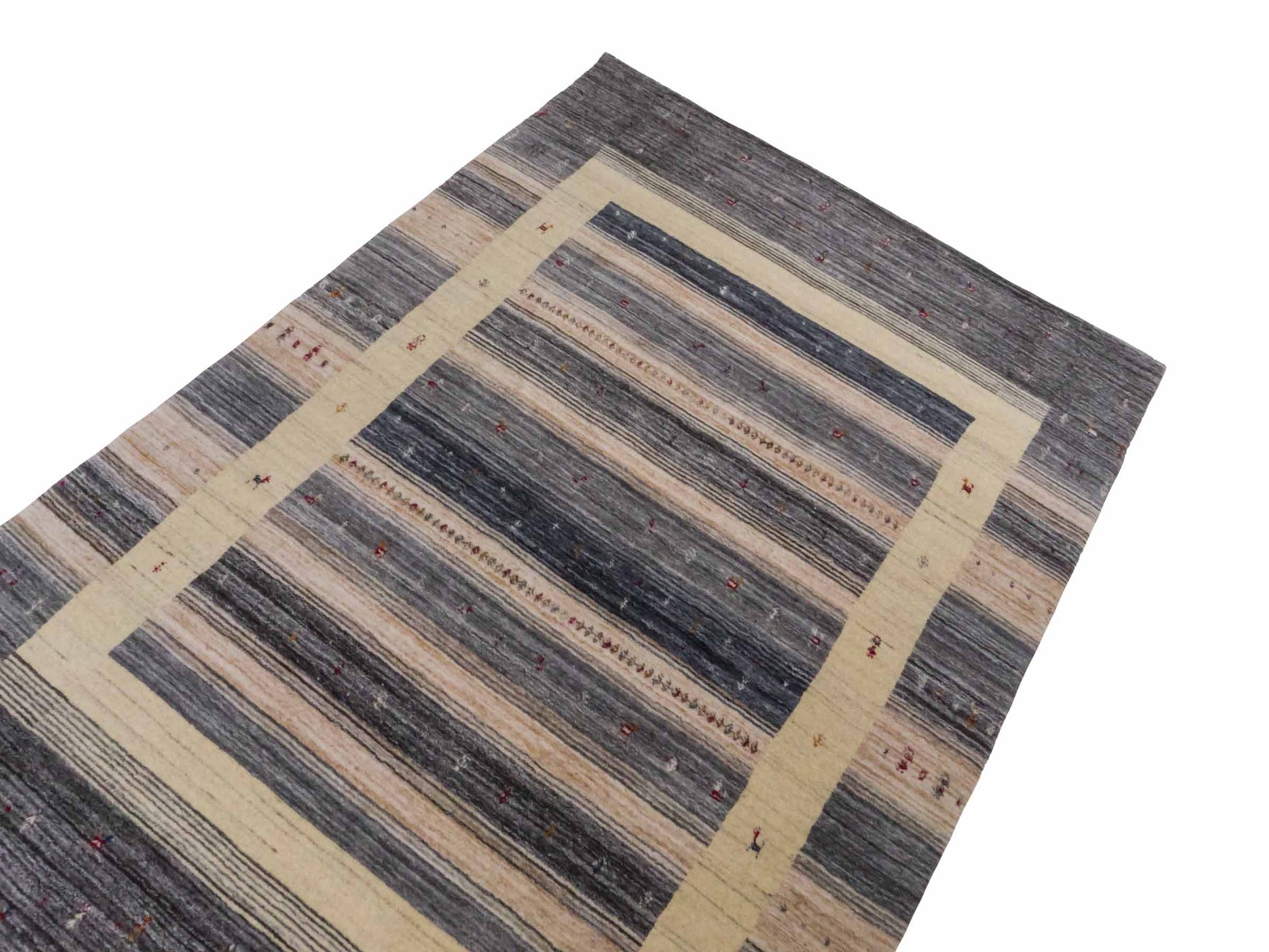 Moderner, Handloom Lori Gabbeh Orientteppich von Khademi aus Wolle, blau, cremeweiß. Geometrisches Nomaden-Design. Produziert in Indien. Größe: 201x141cm. Teppichnummer: KB4-1772. Verkauf durch Jupiter Intl.