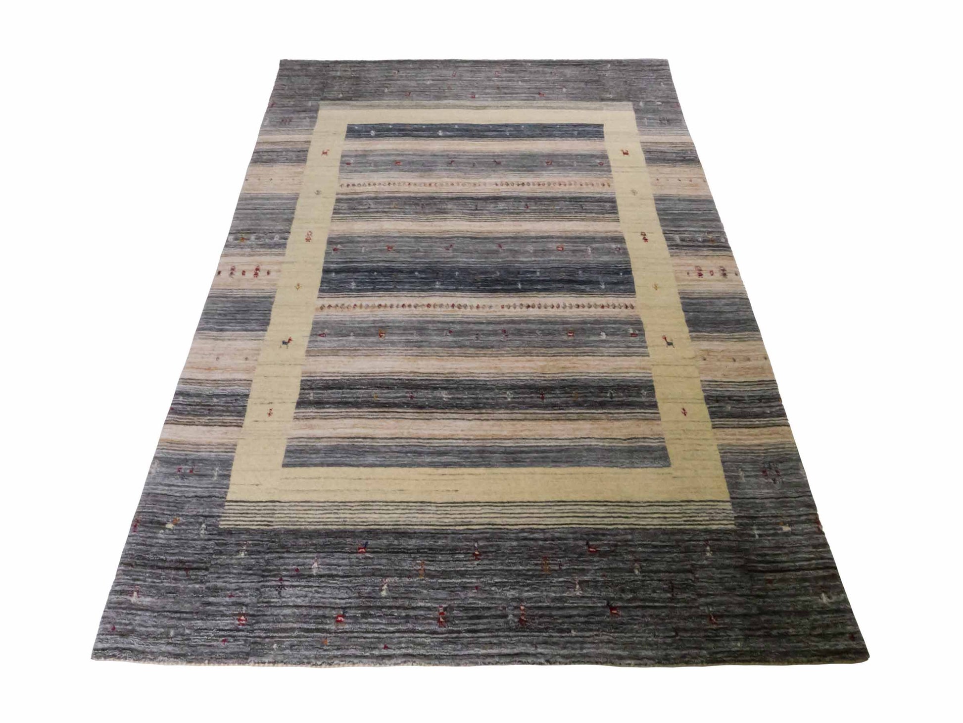 Moderner, Handloom Lori Gabbeh Orientteppich von Khademi aus Wolle, blau, cremeweiß. Geometrisches Nomaden-Design. Produziert in Indien. Größe: 201x141cm. Teppichnummer: KB4-1772. Verkauf durch Jupiter Intl.