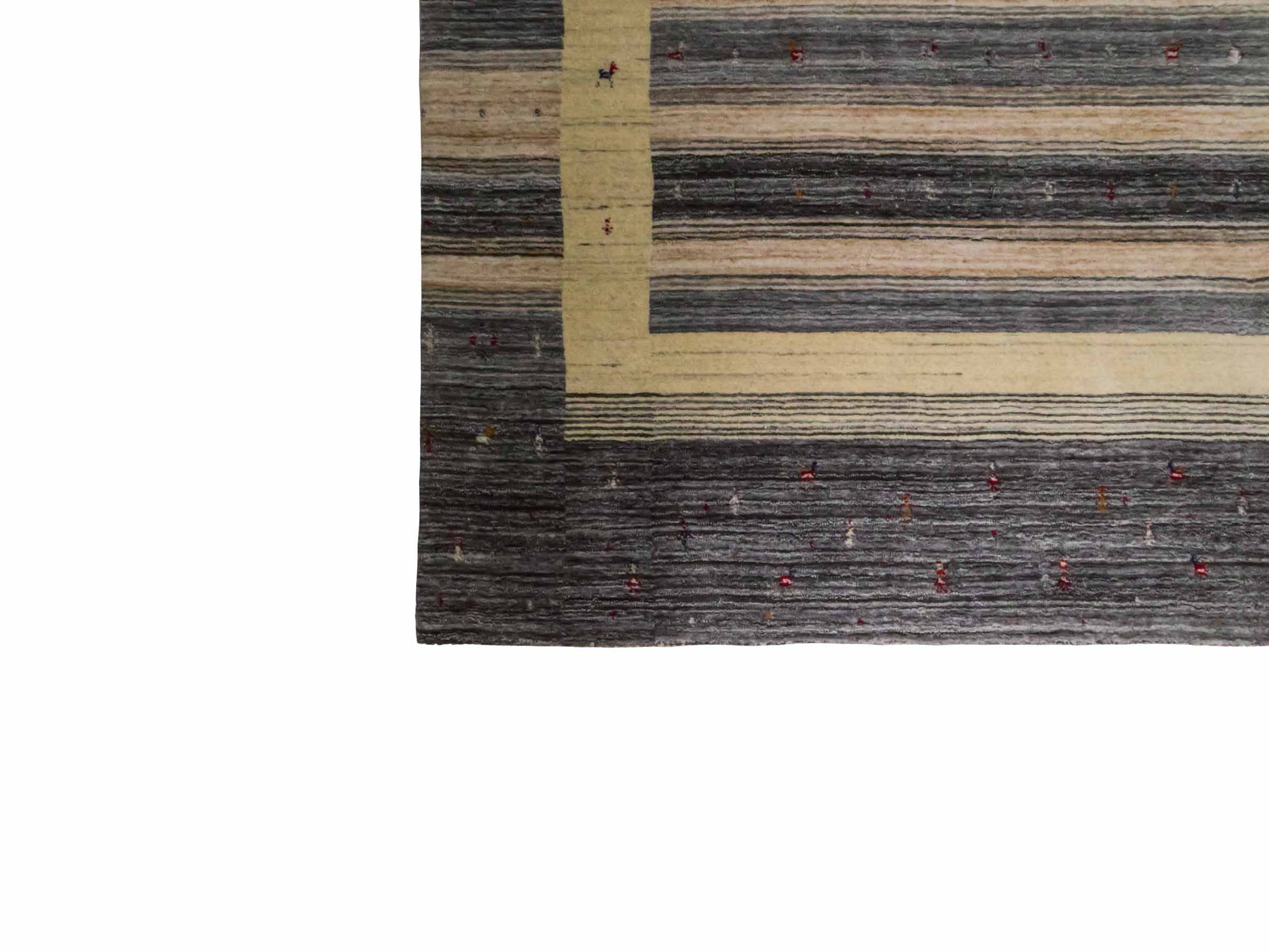 Moderner, Handloom Lori Gabbeh Orientteppich von Khademi aus Wolle, blau, cremeweiß. Geometrisches Nomaden-Design. Produziert in Indien. Größe: 201x141cm. Teppichnummer: KB4-1772. Verkauf durch Jupiter Intl.