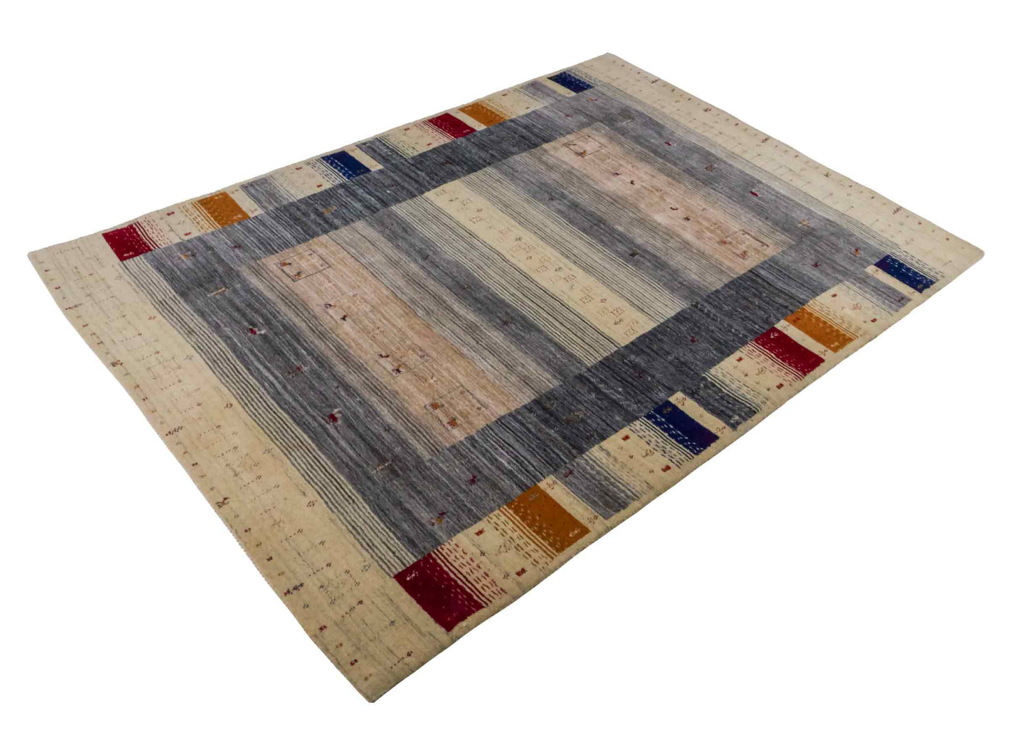 Moderner, Handloom Lori Gabbeh Orientteppich von Khademi aus Wolle, cremeweiß, mehrfarbig. Geometrisches Nomaden-Design. Produziert in Indien. Größe: 201x143cm. Teppichnummer: KB4-1780. Verkauf durch Jupiter Intl.