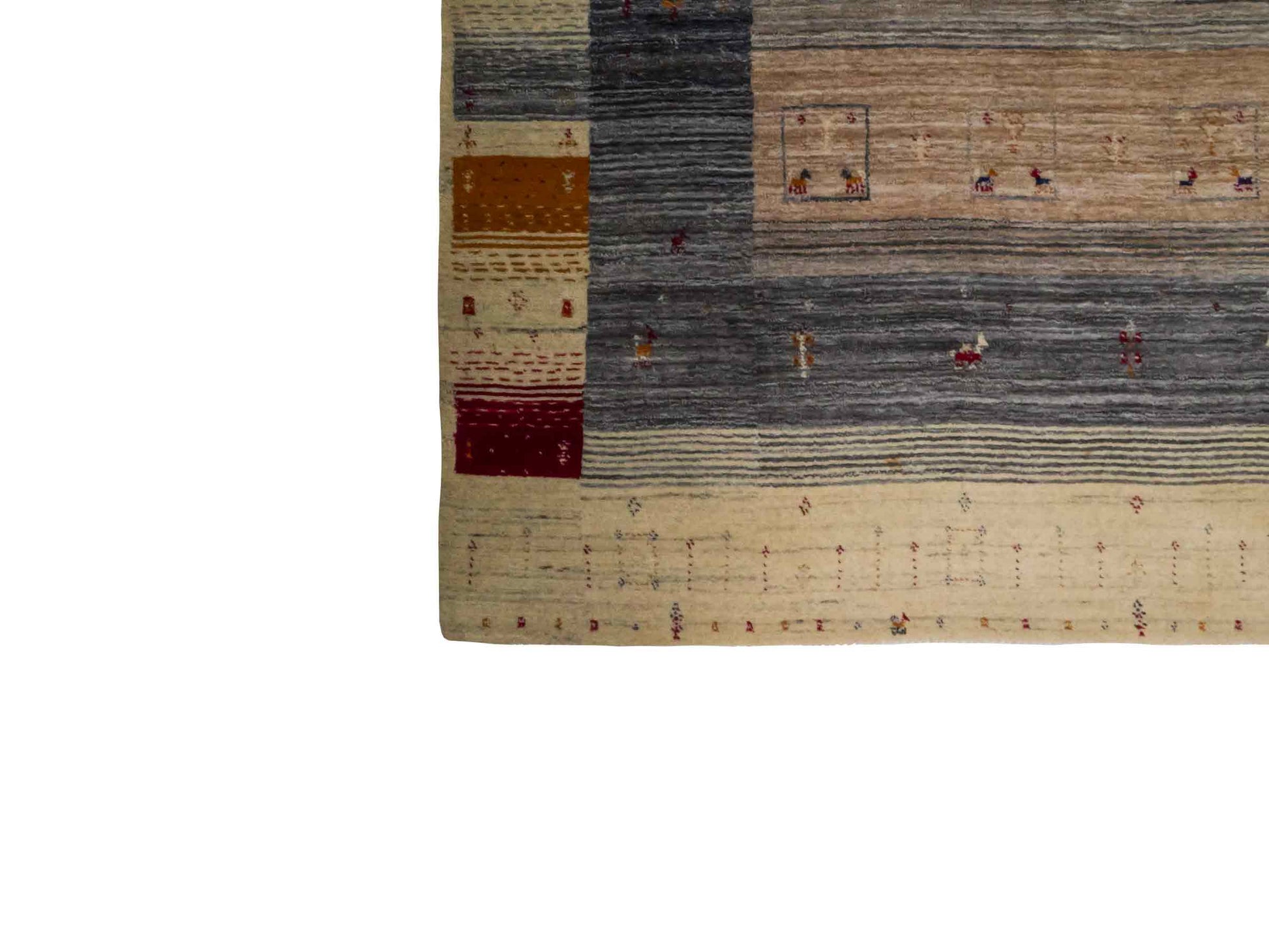 Moderner, Handloom Lori Gabbeh Orientteppich von Khademi aus Wolle, cremeweiß, mehrfarbig. Geometrisches Nomaden-Design. Produziert in Indien. Größe: 201x143cm. Teppichnummer: KB4-1780. Verkauf durch Jupiter Intl.