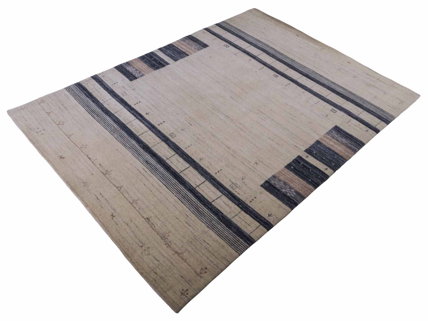 Moderner, Handloom Lori Gabbeh Orientteppich von Khademi aus Wolle, cremeweiß, blau. Geometrisches Nomaden-Design. Produziert in Indien. Größe: 201x145cm. Teppichnummer: KB4-1796. Verkauf durch Jupiter Intl.