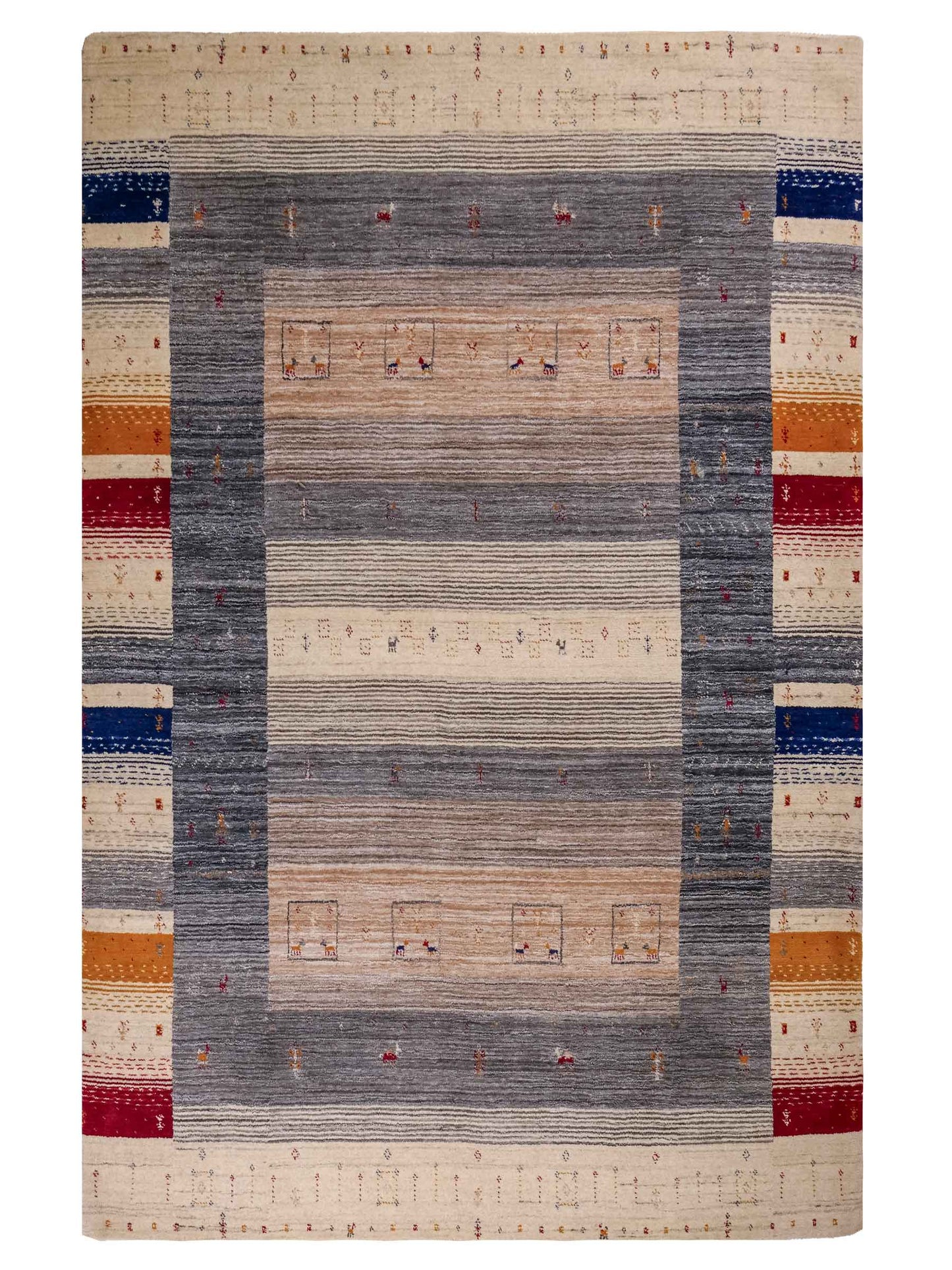 Moderner, Handloom Lori Gabbeh Orientteppich von Khademi aus Wolle, cremeweiß, mehrfarbig. Geometrisches Nomaden-Design. Produziert in Indien. Größe: 201x146cm. Teppichnummer: KB4-1771. Verkauf durch Jupiter Intl.