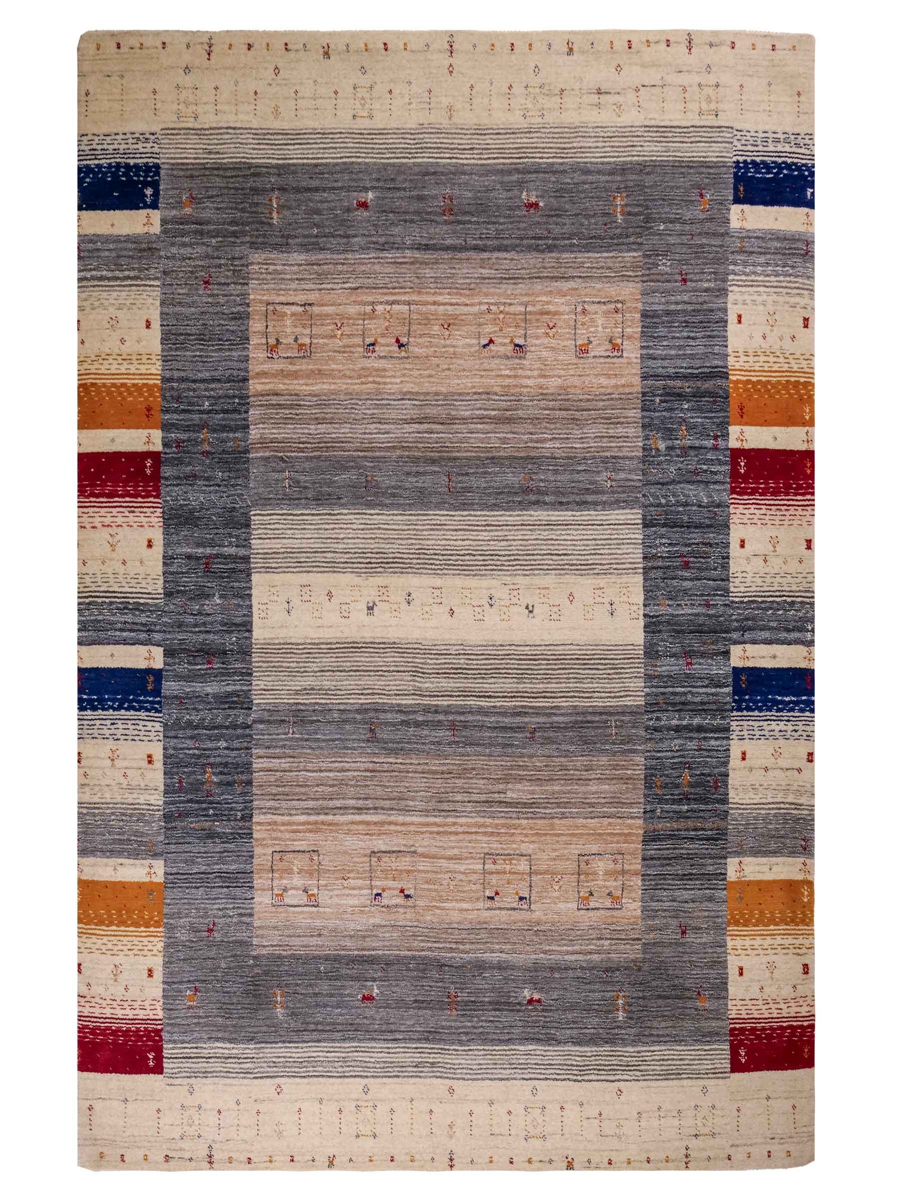 Moderner, Handloom Lori Gabbeh Orientteppich von Khademi aus Wolle, cremeweiß, mehrfarbig. Geometrisches Nomaden-Design. Produziert in Indien. Größe: 201x146cm. Teppichnummer: KB4-1771. Verkauf durch Jupiter Intl.