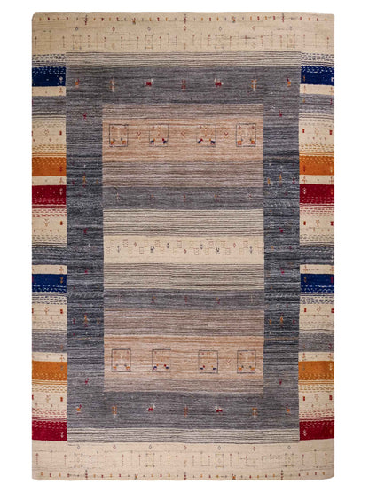 Moderner, Handloom Lori Gabbeh Orientteppich von Khademi aus Wolle, cremeweiß, mehrfarbig. Geometrisches Nomaden-Design. Produziert in Indien. Größe: 201x146cm. Teppichnummer: KB4-1771. Verkauf durch Jupiter Intl.