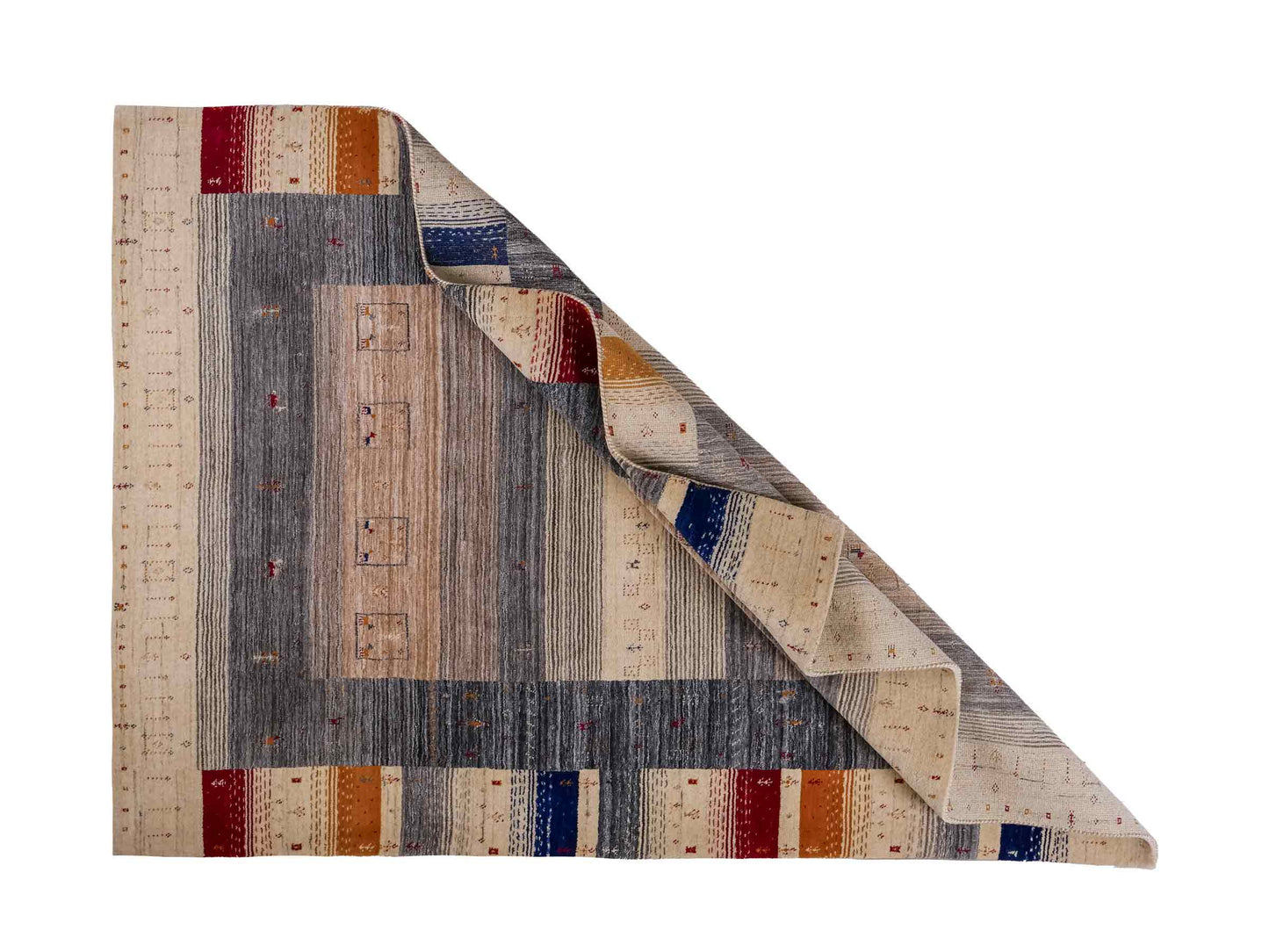 Moderner, Handloom Lori Gabbeh Orientteppich von Khademi aus Wolle, cremeweiß, mehrfarbig. Geometrisches Nomaden-Design. Produziert in Indien. Größe: 201x146cm. Teppichnummer: KB4-1771. Verkauf durch Jupiter Intl.