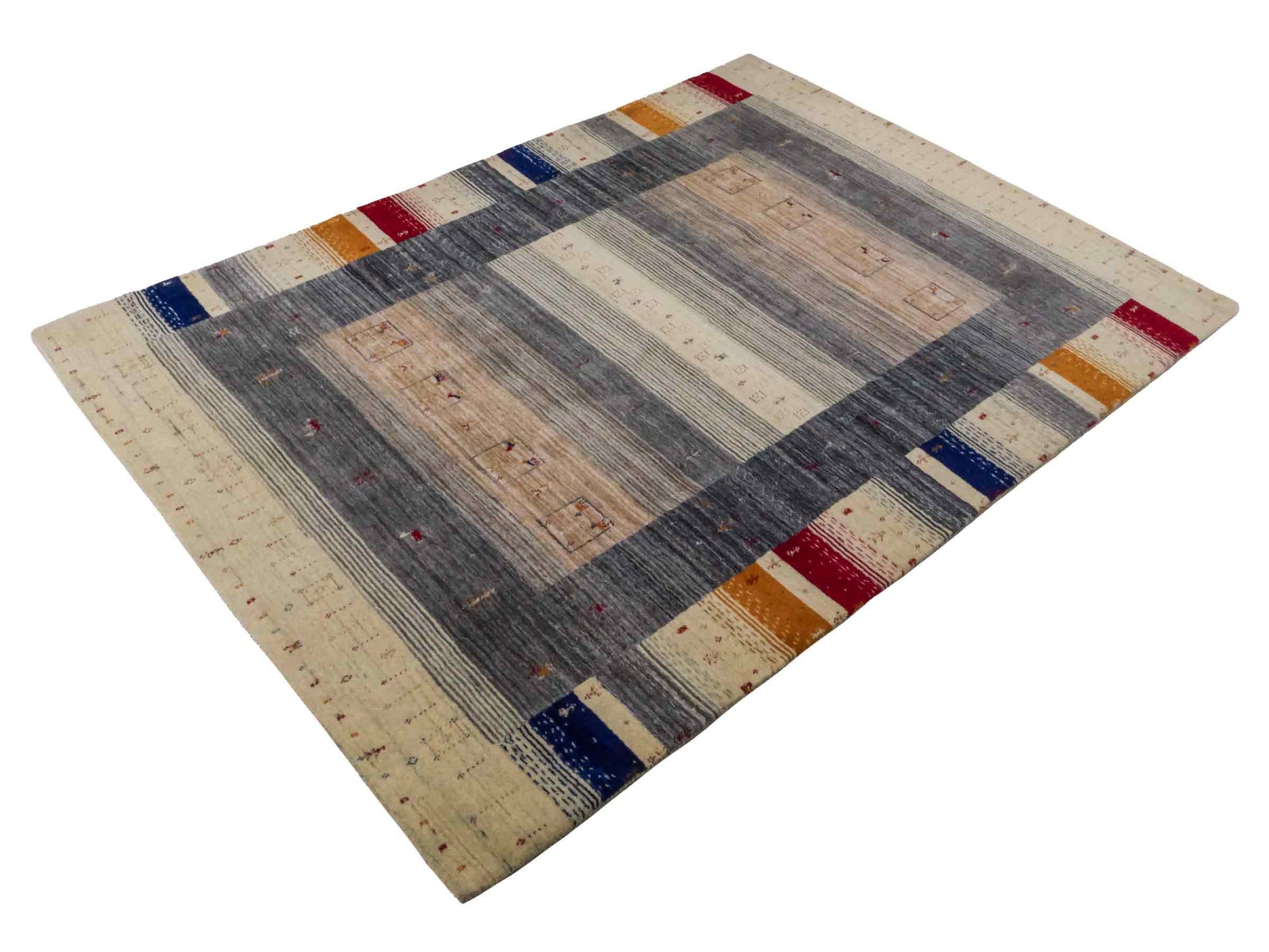 Moderner, Handloom Lori Gabbeh Orientteppich von Khademi aus Wolle, cremeweiß, mehrfarbig. Geometrisches Nomaden-Design. Produziert in Indien. Größe: 201x146cm. Teppichnummer: KB4-1771. Verkauf durch Jupiter Intl.