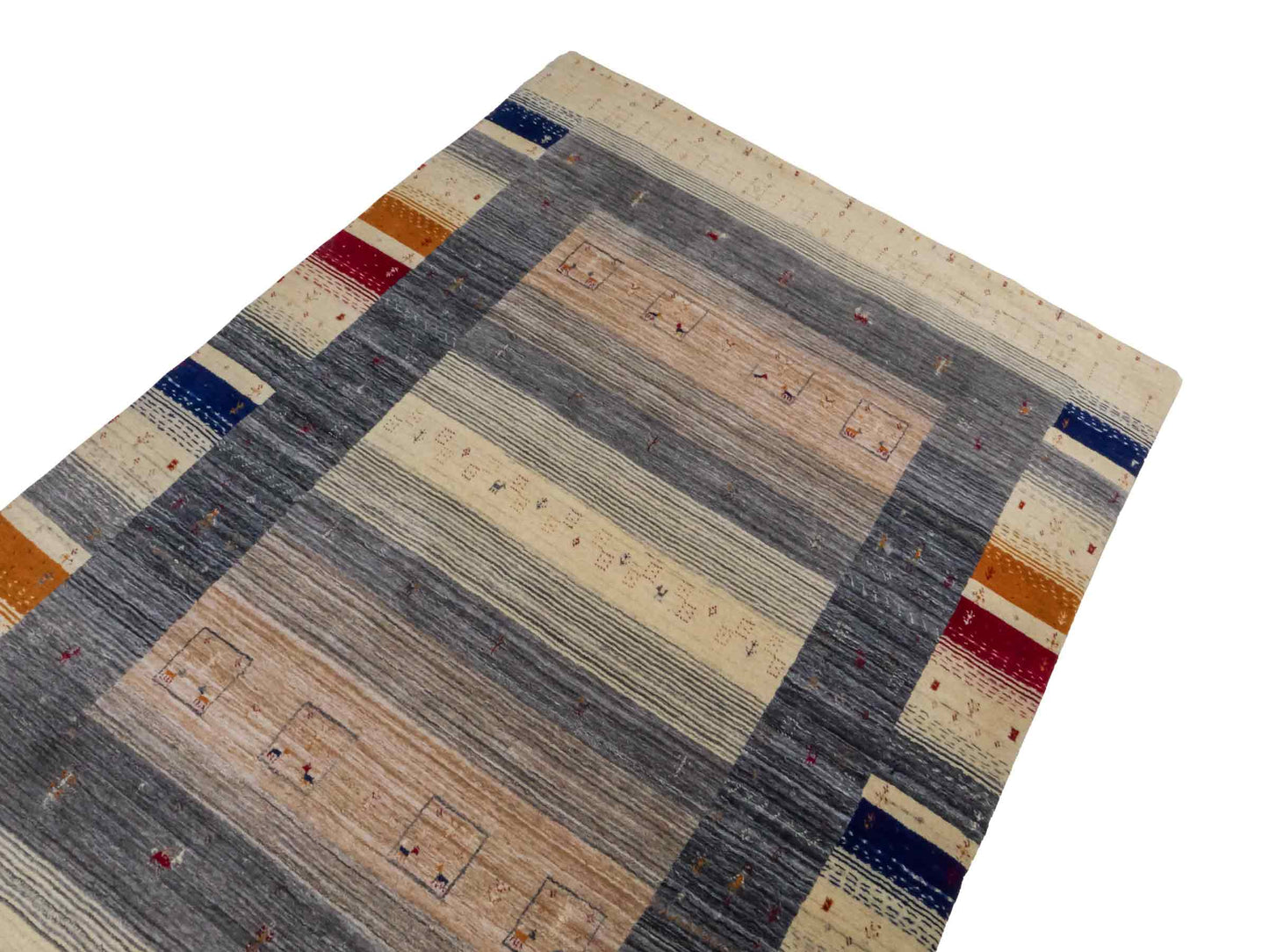 Moderner, Handloom Lori Gabbeh Orientteppich von Khademi aus Wolle, cremeweiß, mehrfarbig. Geometrisches Nomaden-Design. Produziert in Indien. Größe: 201x146cm. Teppichnummer: KB4-1771. Verkauf durch Jupiter Intl.