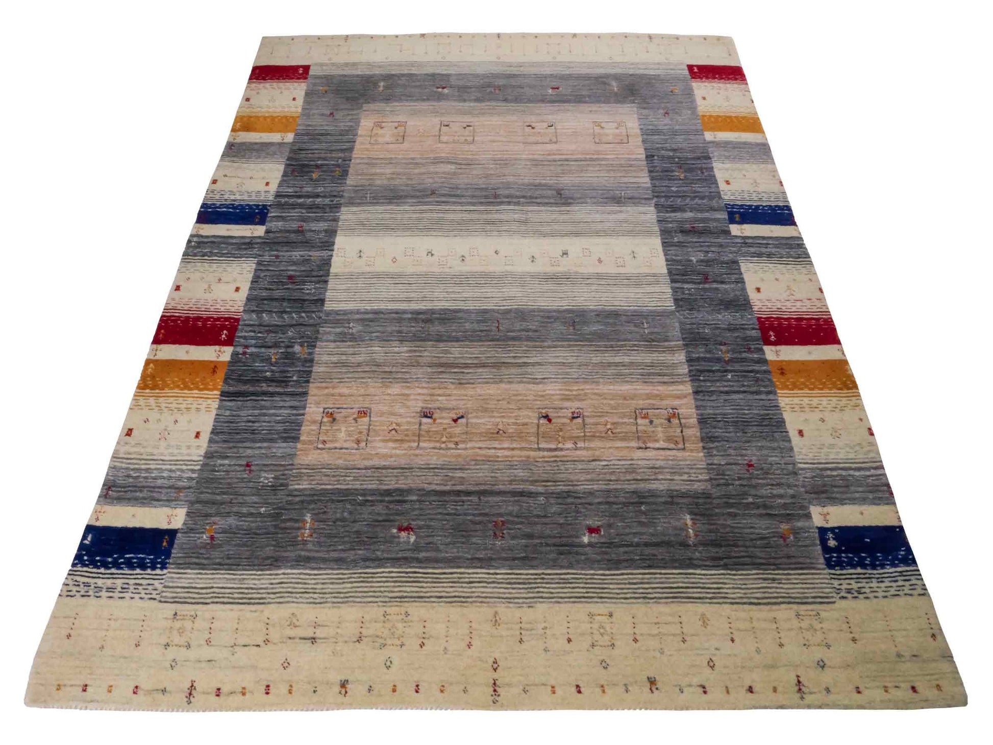 Moderner, Handloom Lori Gabbeh Orientteppich von Khademi aus Wolle, cremeweiß, mehrfarbig. Geometrisches Nomaden-Design. Produziert in Indien. Größe: 201x146cm. Teppichnummer: KB4-1771. Verkauf durch Jupiter Intl.