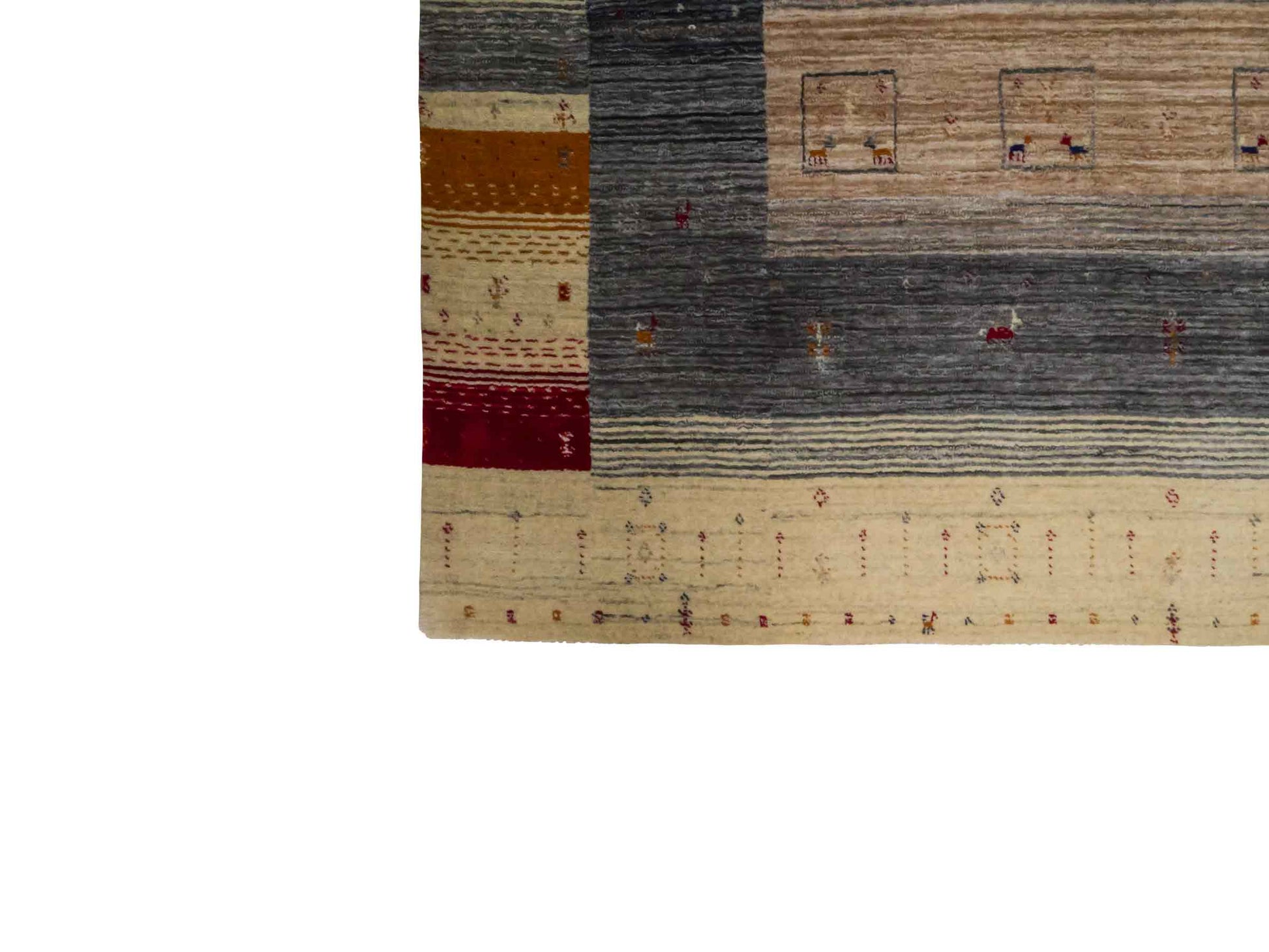 Moderner, Handloom Lori Gabbeh Orientteppich von Khademi aus Wolle, cremeweiß, mehrfarbig. Geometrisches Nomaden-Design. Produziert in Indien. Größe: 201x146cm. Teppichnummer: KB4-1771. Verkauf durch Jupiter Intl.