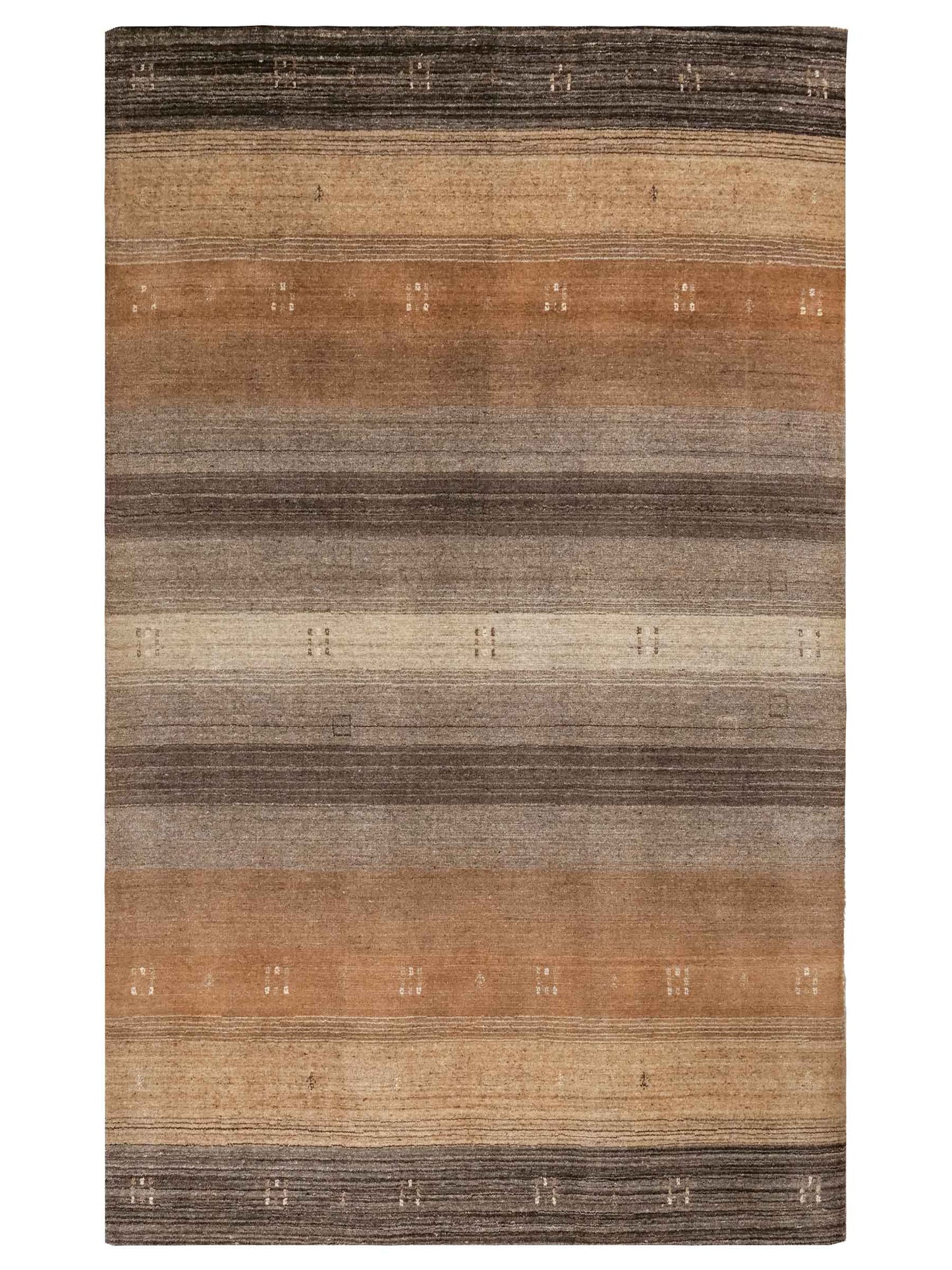 Moderner, Handloom Lori Gabbeh Orientteppich von Khademi aus Wolle, braun, grau, beige. Geometrisches Nomaden-Design. Produziert in Indien. Größe: 202x138cm. Teppichnummer: KB4-1781. Verkauf durch Jupiter Intl.