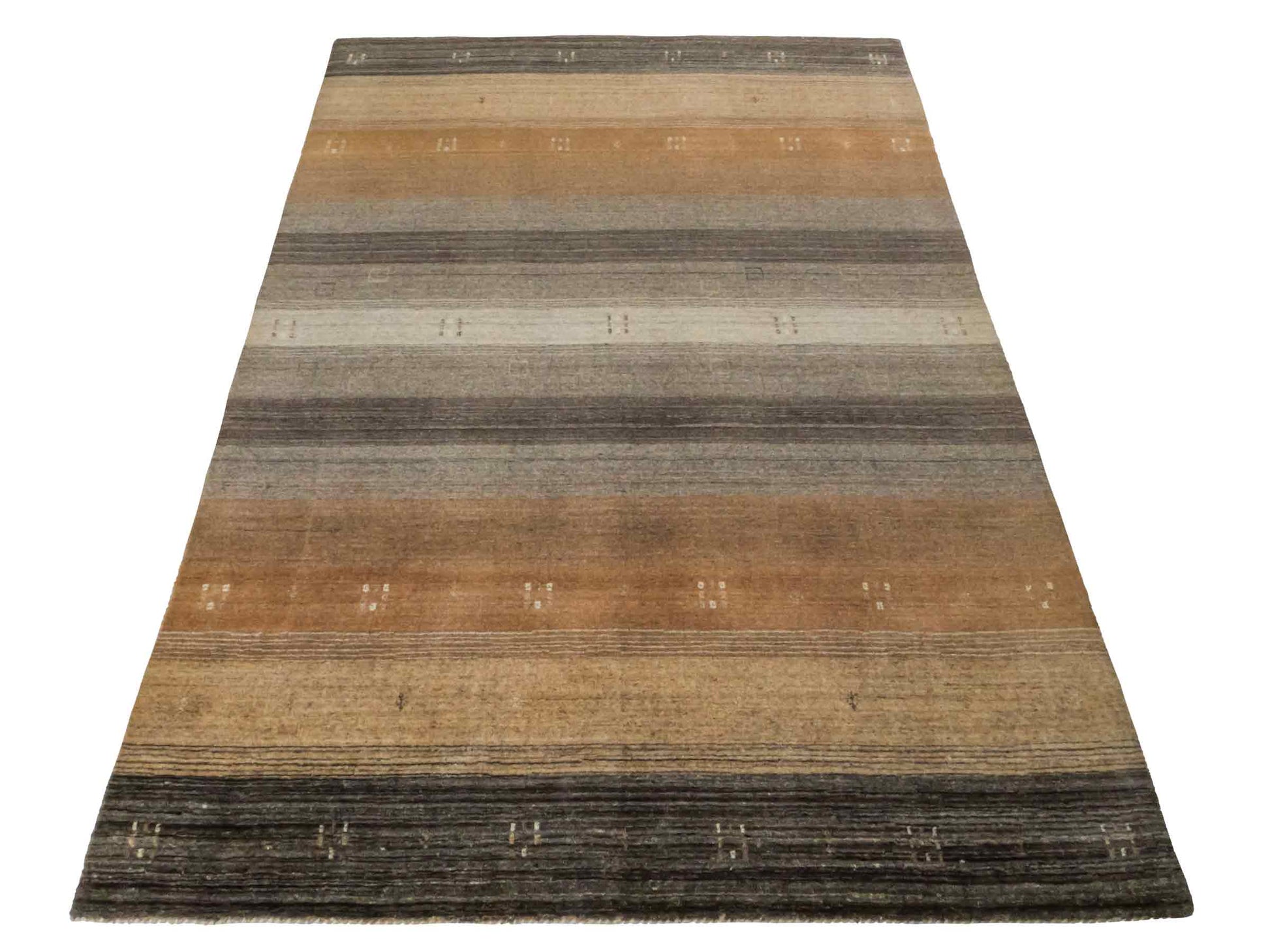 Moderner, Handloom Lori Gabbeh Orientteppich von Khademi aus Wolle, braun, grau, beige. Geometrisches Nomaden-Design. Produziert in Indien. Größe: 202x138cm. Teppichnummer: KB4-1781. Verkauf durch Jupiter Intl.