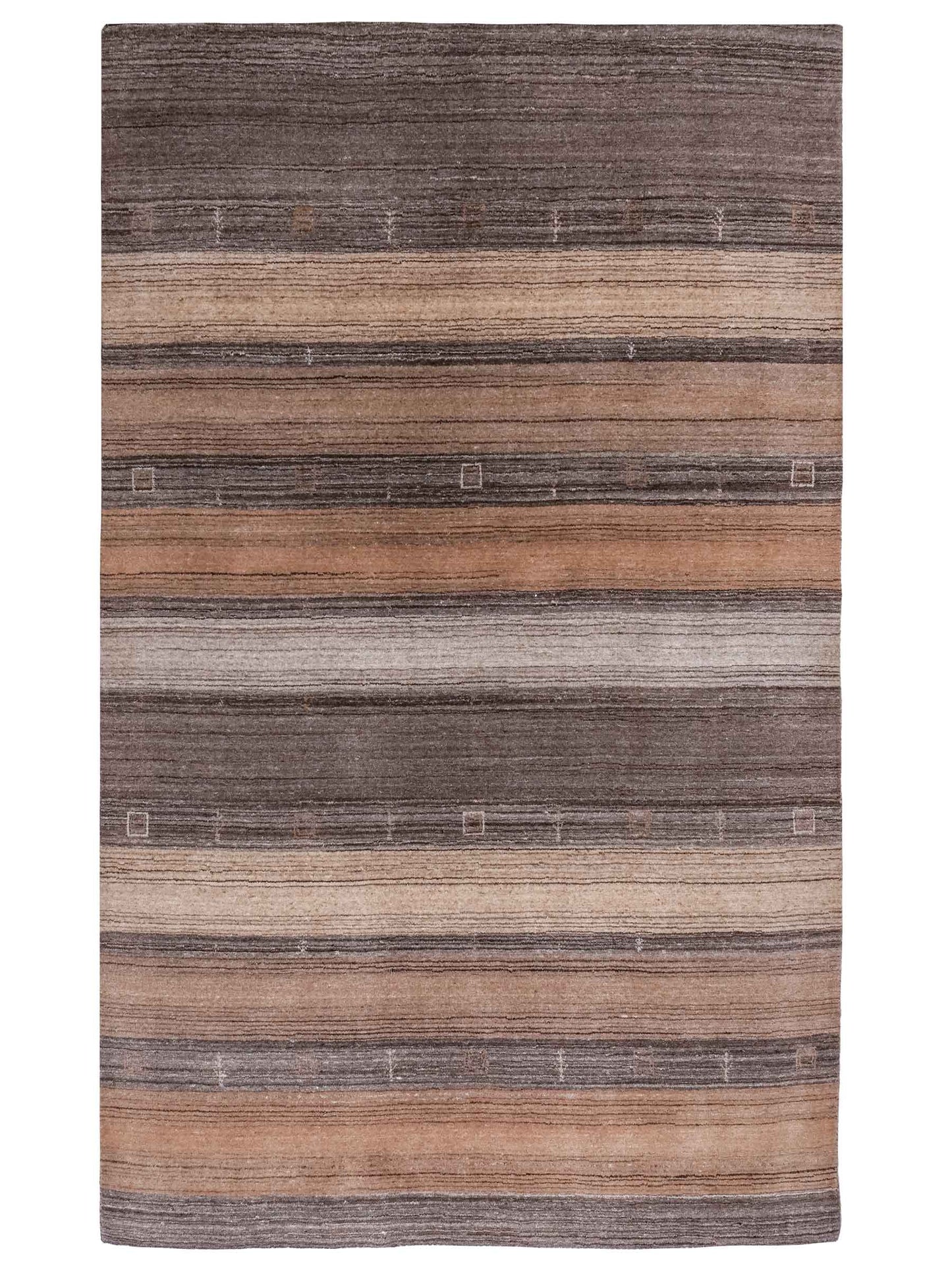 Moderner, Handloom Lori Gabbeh Orientteppich von Khademi aus Wolle, braun, grau, beige. Geometrisches Nomaden-Design. Produziert in Indien. Größe: 202x138cm. Teppichnummer: KB4-1789. Verkauf durch Jupiter Intl.