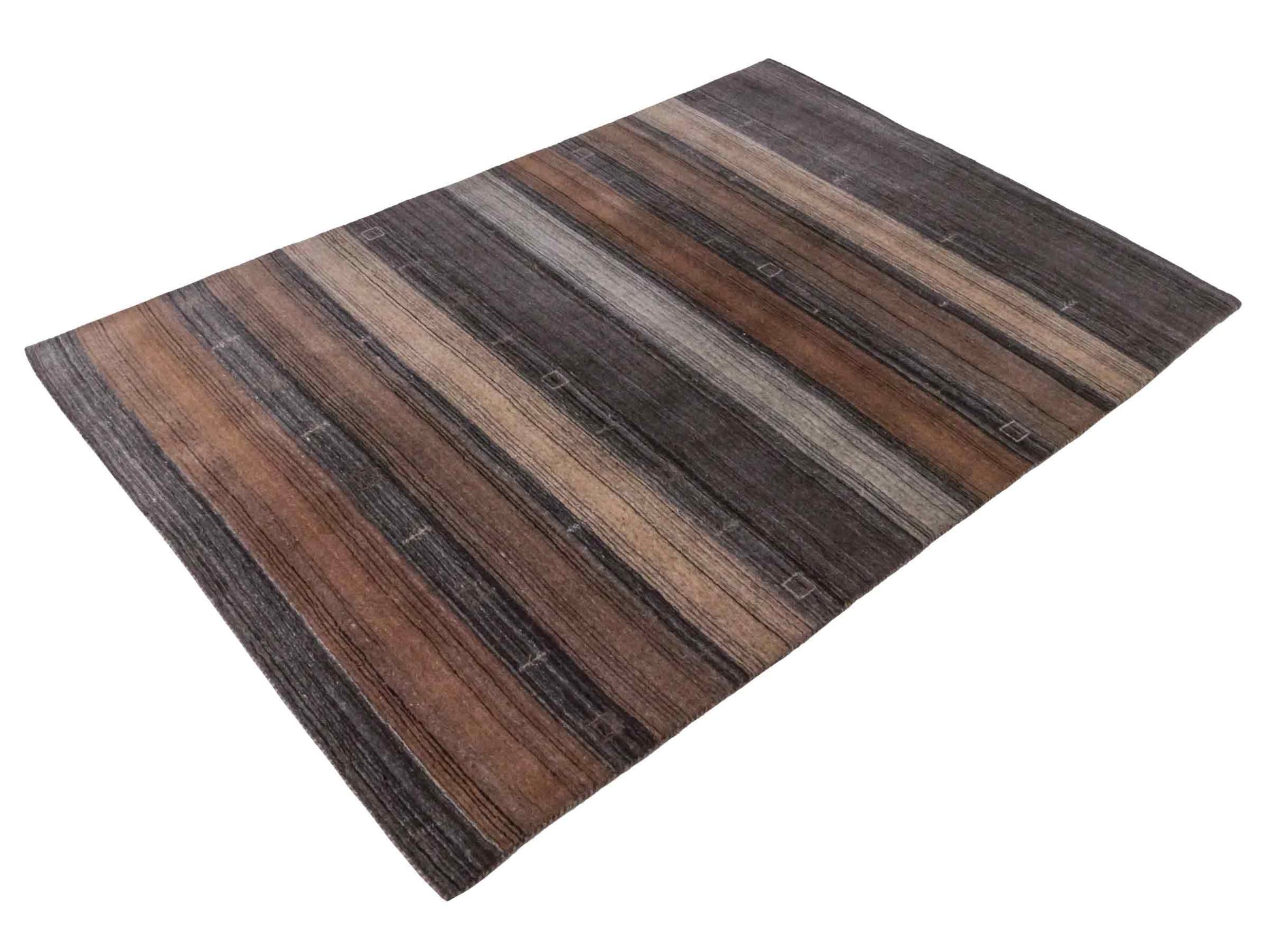 Moderner, Handloom Lori Gabbeh Orientteppich von Khademi aus Wolle, braun, grau, beige. Geometrisches Nomaden-Design. Produziert in Indien. Größe: 202x138cm. Teppichnummer: KB4-1789. Verkauf durch Jupiter Intl.