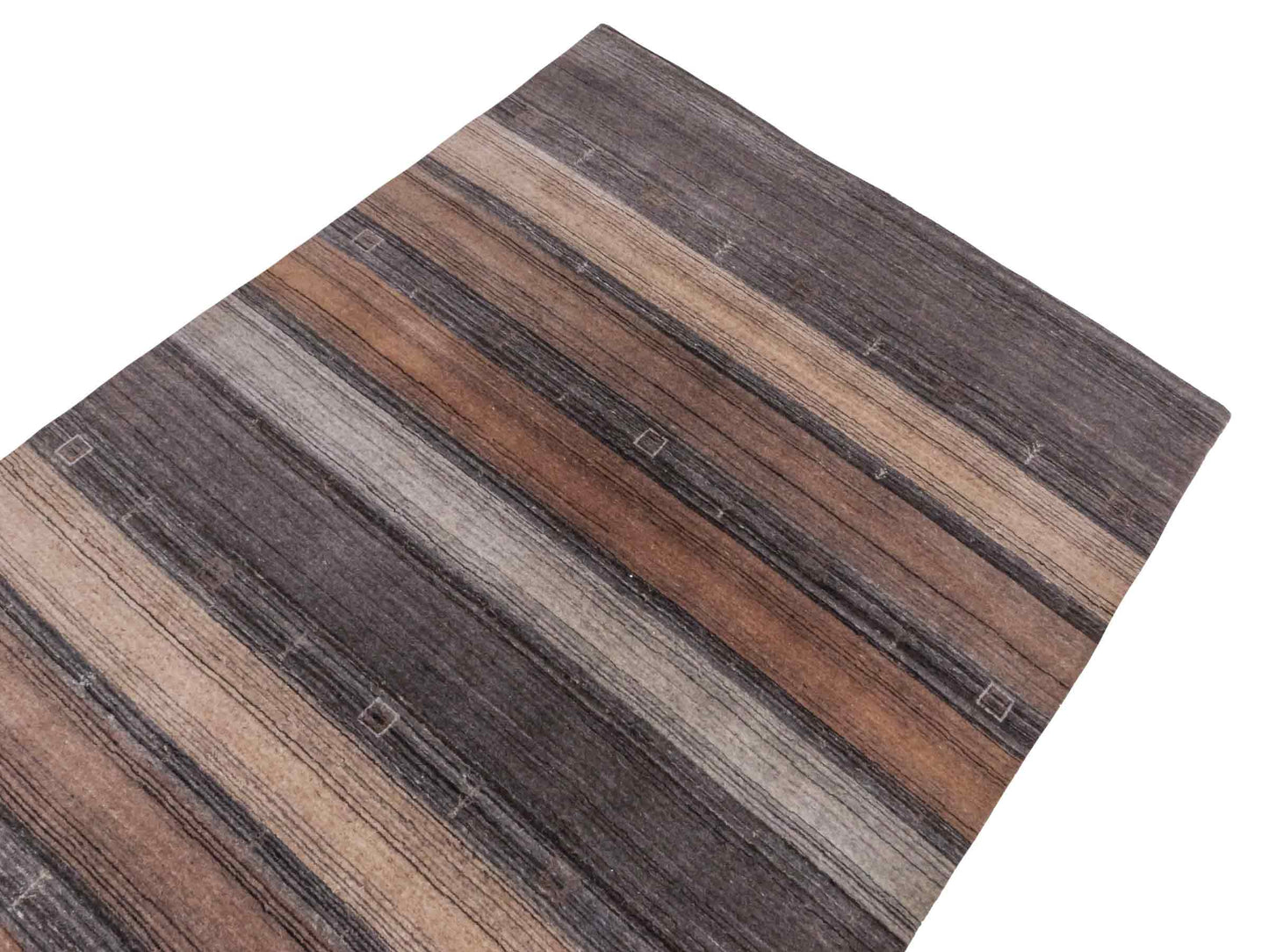 Moderner, Handloom Lori Gabbeh Orientteppich von Khademi aus Wolle, braun, grau, beige. Geometrisches Nomaden-Design. Produziert in Indien. Größe: 202x138cm. Teppichnummer: KB4-1789. Verkauf durch Jupiter Intl.