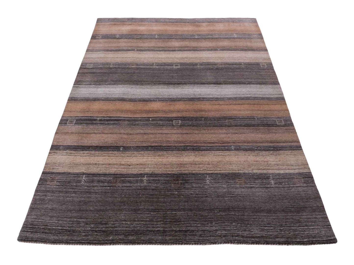 Moderner, Handloom Lori Gabbeh Orientteppich von Khademi aus Wolle, braun, grau, beige. Geometrisches Nomaden-Design. Produziert in Indien. Größe: 202x138cm. Teppichnummer: KB4-1789. Verkauf durch Jupiter Intl.