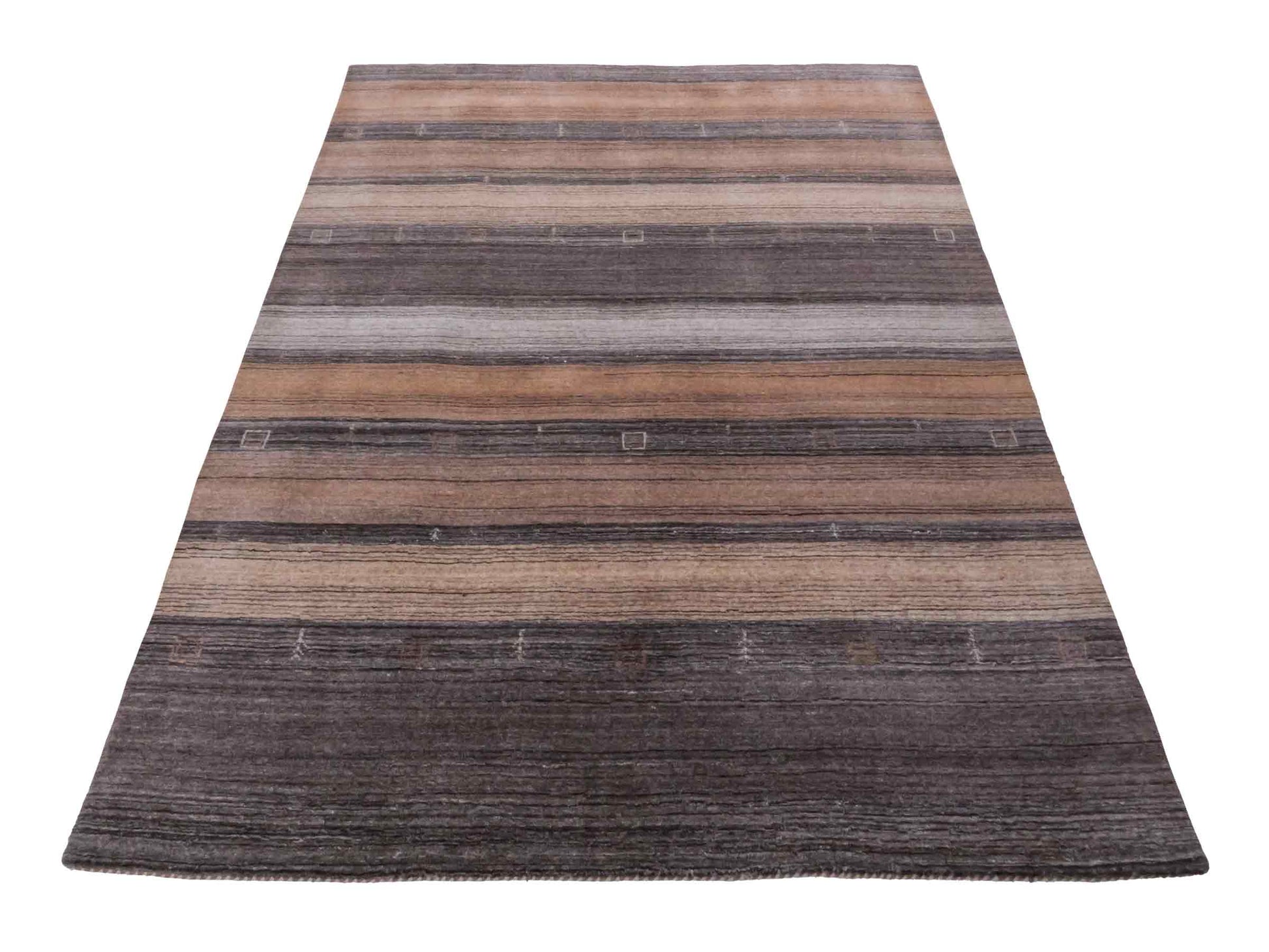 Moderner, Handloom Lori Gabbeh Orientteppich von Khademi aus Wolle, braun, grau, beige. Geometrisches Nomaden-Design. Produziert in Indien. Größe: 202x138cm. Teppichnummer: KB4-1789. Verkauf durch Jupiter Intl.