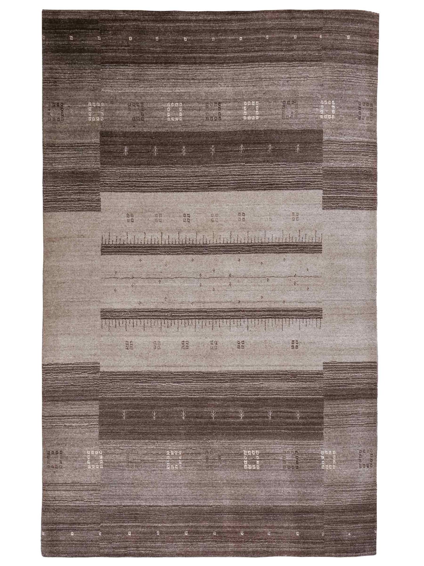 Moderner, Handloom Lori Gabbeh Orientteppich von Khademi aus Wolle, braun, grau, cremeweiß. Geometrisches Nomaden-Design. Produziert in Indien. Größe: 202x142cm. Teppichnummer: KB4-1793. Verkauf durch Jupiter Intl.