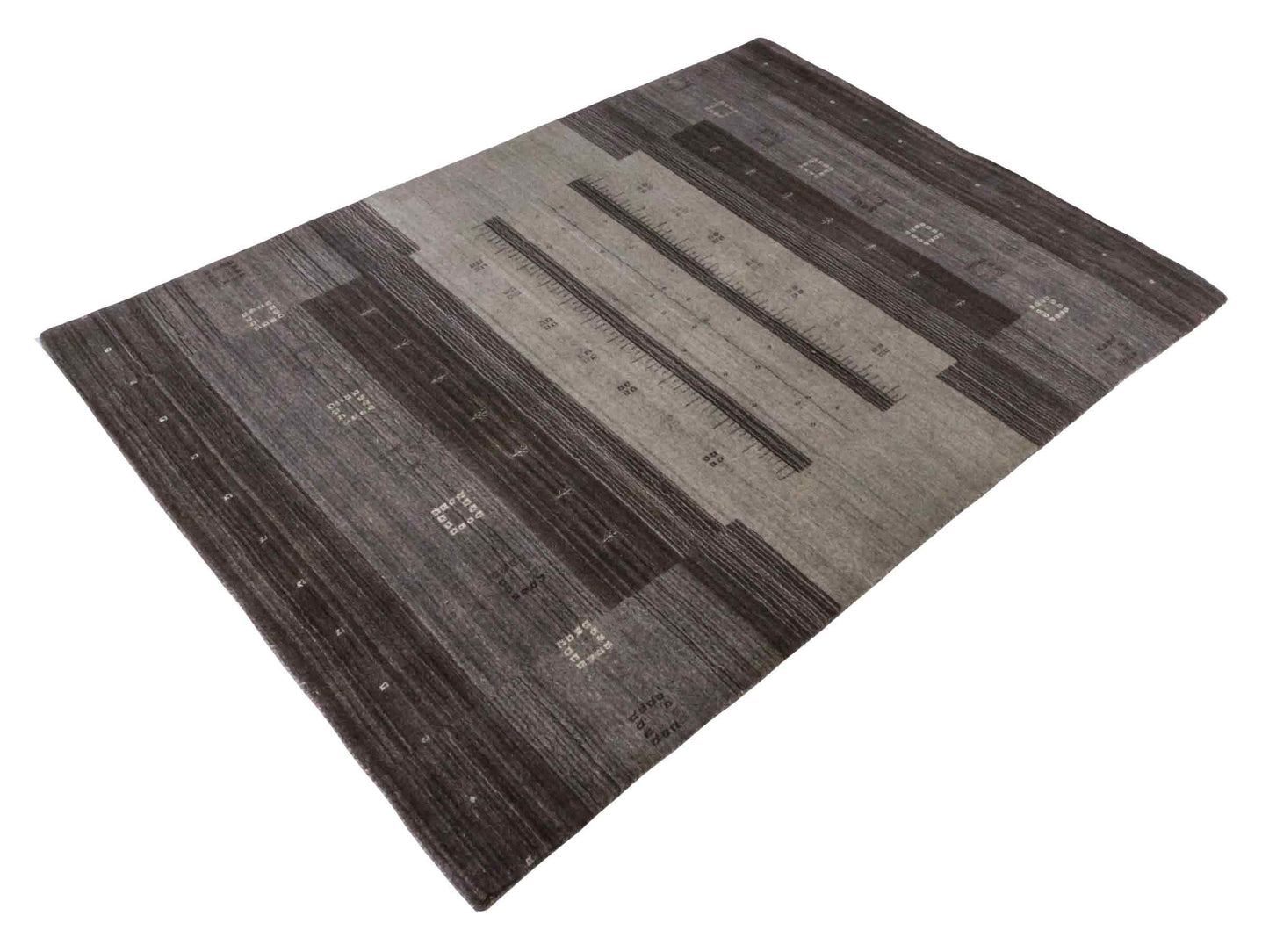 Moderner, Handloom Lori Gabbeh Orientteppich von Khademi aus Wolle, braun, grau, cremeweiß. Geometrisches Nomaden-Design. Produziert in Indien. Größe: 202x142cm. Teppichnummer: KB4-1793. Verkauf durch Jupiter Intl.