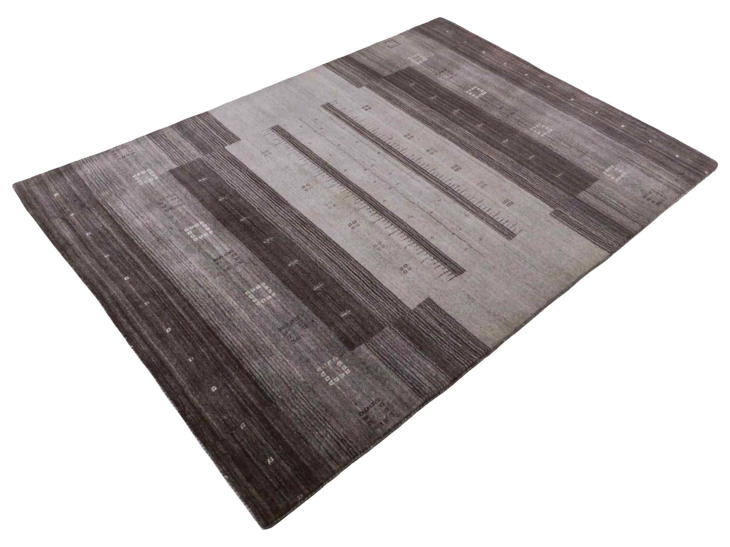 Moderner, Handloom Lori Gabbeh Orientteppich von Khademi aus Wolle, braun, grau, cremeweiß. Geometrisches Nomaden-Design. Produziert in Indien. Größe: 202x142cm. Teppichnummer: KB4-1793. Verkauf durch Jupiter Intl.