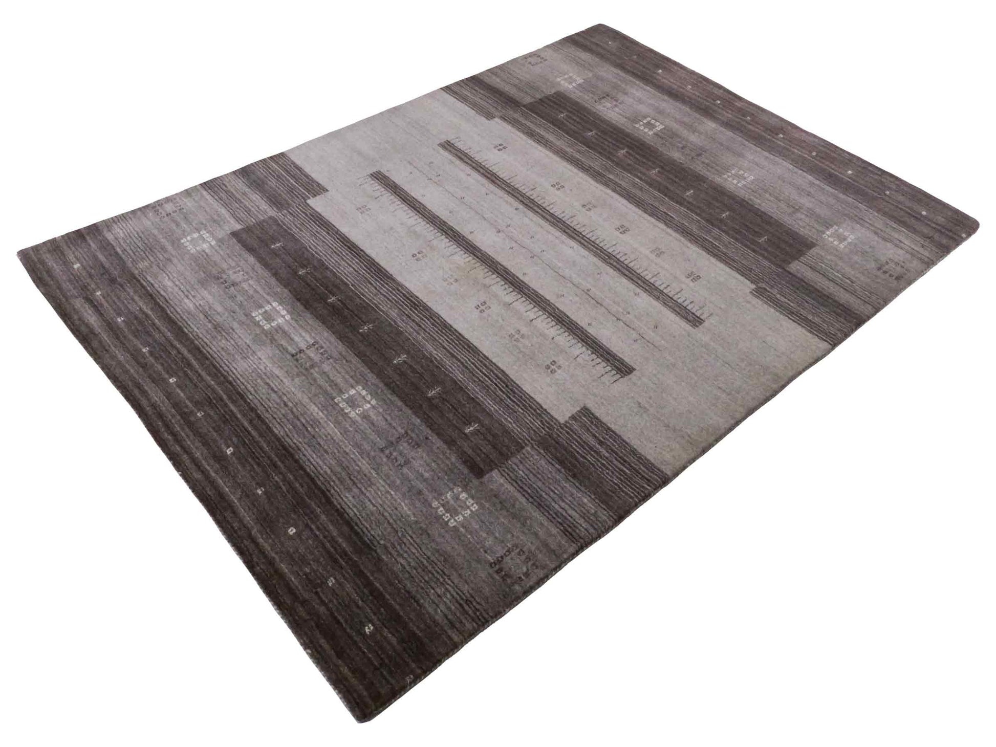Moderner, Handloom Lori Gabbeh Orientteppich von Khademi aus Wolle, braun, grau, cremeweiß. Geometrisches Nomaden-Design. Produziert in Indien. Größe: 202x142cm. Teppichnummer: KB4-1793. Verkauf durch Jupiter Intl.