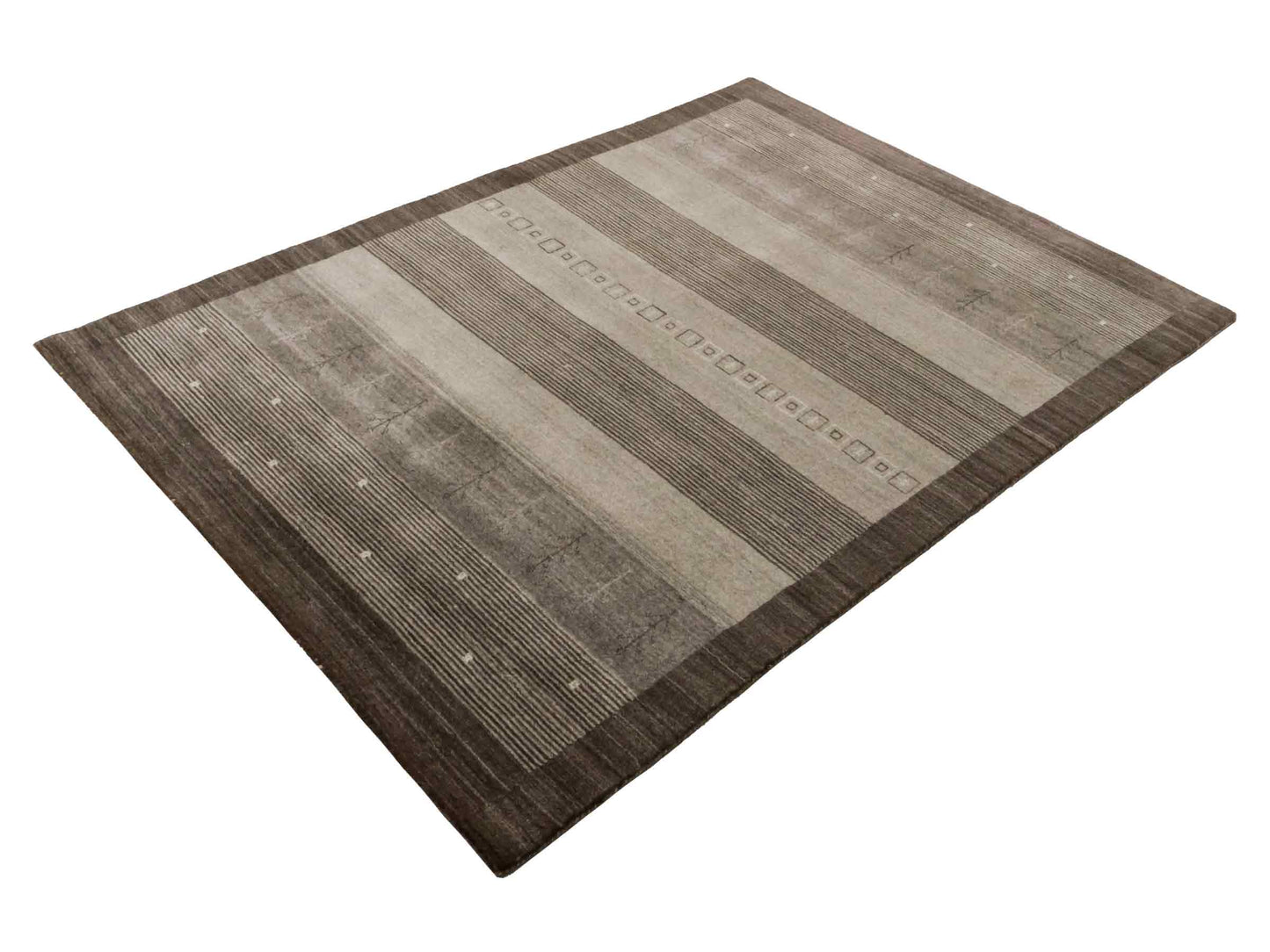 Moderner, Handloom Lori Gabbeh Orientteppich von Khademi aus Wolle, braun, grau, cremeweiß. Geometrisches Nomaden-Design. Produziert in Indien. Größe: 203x141cm. Teppichnummer: KB4-1784. Verkauf durch Jupiter Intl.