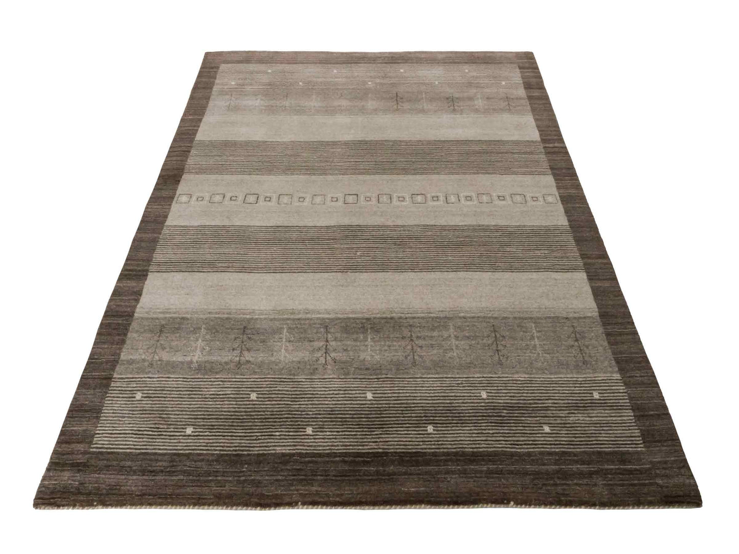 Moderner, Handloom Lori Gabbeh Orientteppich von Khademi aus Wolle, braun, grau, cremeweiß. Geometrisches Nomaden-Design. Produziert in Indien. Größe: 203x141cm. Teppichnummer: KB4-1784. Verkauf durch Jupiter Intl.