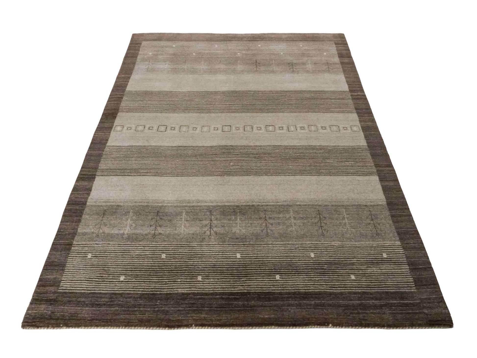 Moderner, Handloom Lori Gabbeh Orientteppich von Khademi aus Wolle, braun, grau, cremeweiß. Geometrisches Nomaden-Design. Produziert in Indien. Größe: 203x141cm. Teppichnummer: KB4-1784. Verkauf durch Jupiter Intl.