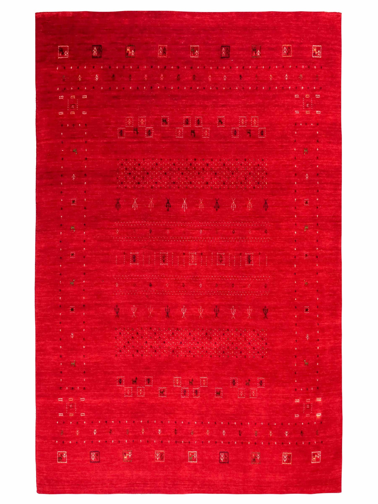 Moderner, Handloom Lori Gabbeh Orientteppich von Khademi aus Wolle, rot. Geometrisches Nomaden-Design. Produziert in Indien. Größe: 239x169cm. Teppichnummer: KB4-1820. Verkauf durch Jupiter Intl.