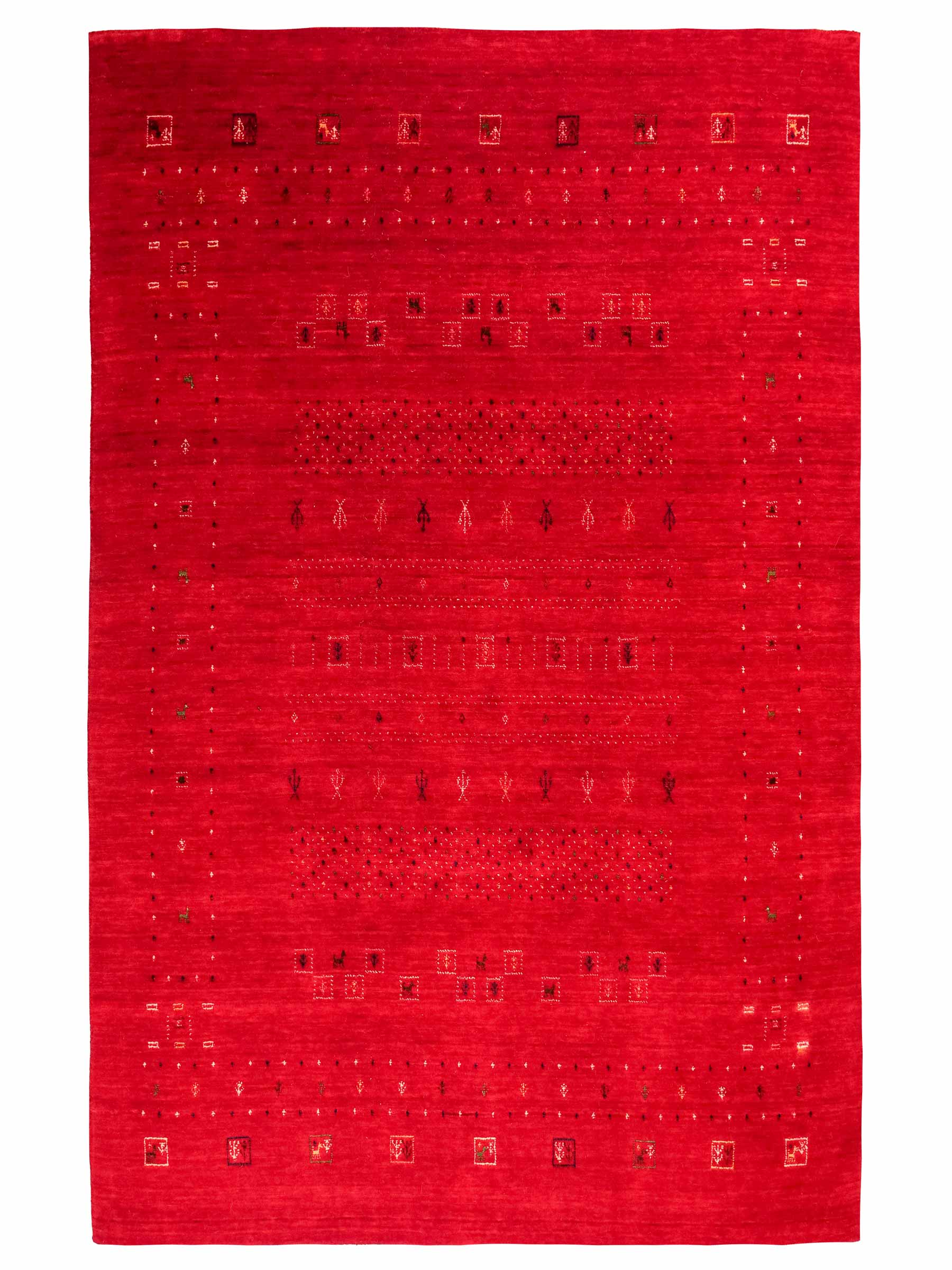 Moderner, Handloom Lori Gabbeh Orientteppich von Khademi aus Wolle, rot. Geometrisches Nomaden-Design. Produziert in Indien. Größe: 239x169cm. Teppichnummer: KB4-1820. Verkauf durch Jupiter Intl.