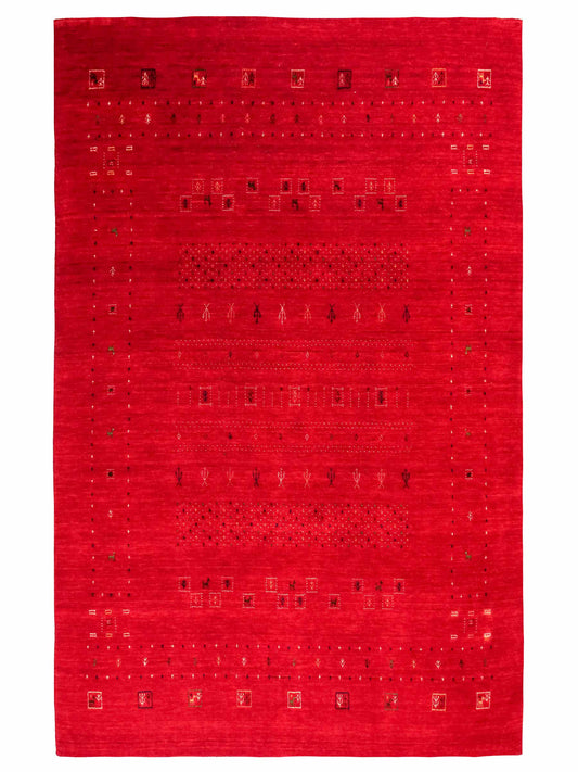 Moderner, Handloom Lori Gabbeh Orientteppich von Khademi aus Wolle, rot. Geometrisches Nomaden-Design. Produziert in Indien. Größe: 239x169cm. Teppichnummer: KB4-1820. Verkauf durch Jupiter Intl.