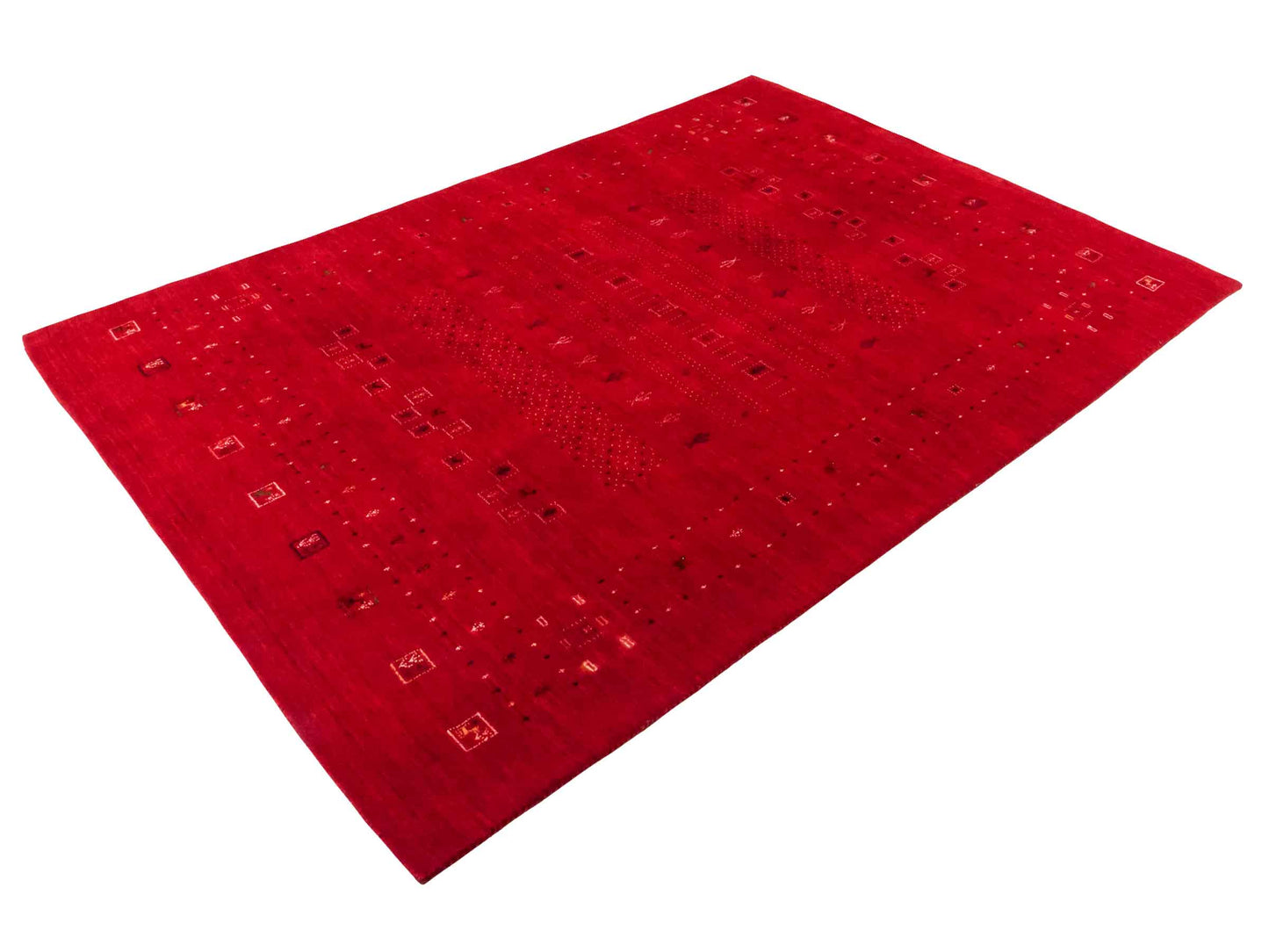 Moderner, Handloom Lori Gabbeh Orientteppich von Khademi aus Wolle, rot. Geometrisches Nomaden-Design. Produziert in Indien. Größe: 239x169cm. Teppichnummer: KB4-1820. Verkauf durch Jupiter Intl.