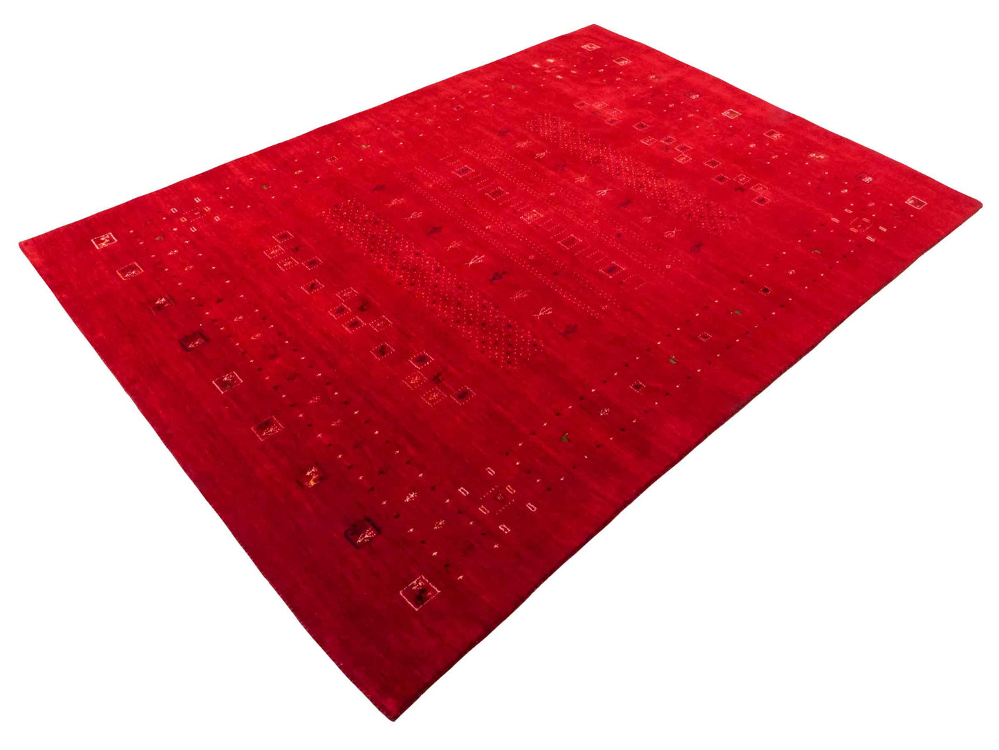Moderner, Handloom Lori Gabbeh Orientteppich von Khademi aus Wolle, rot. Geometrisches Nomaden-Design. Produziert in Indien. Größe: 239x169cm. Teppichnummer: KB4-1820. Verkauf durch Jupiter Intl.