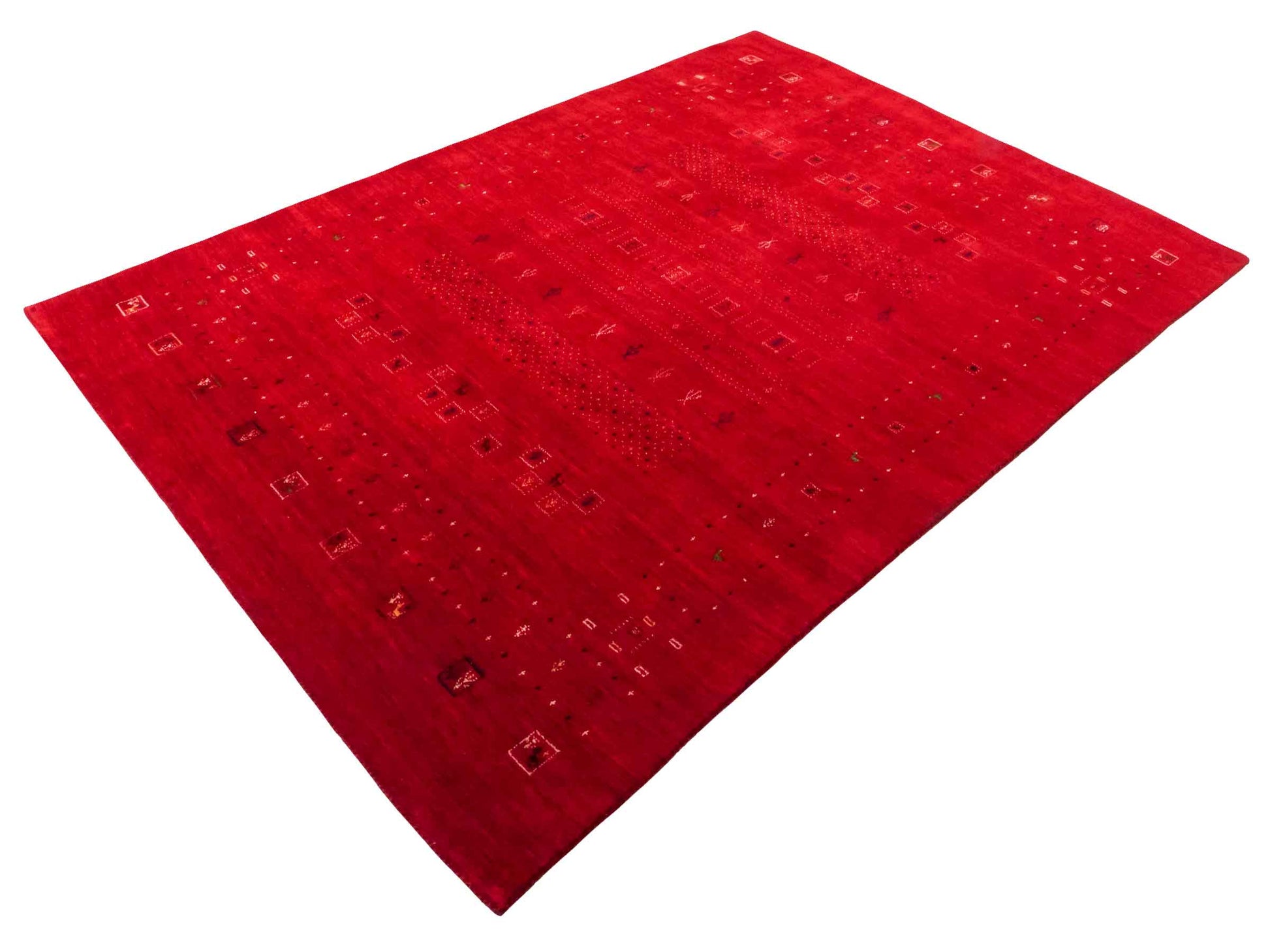 Moderner, Handloom Lori Gabbeh Orientteppich von Khademi aus Wolle, rot. Geometrisches Nomaden-Design. Produziert in Indien. Größe: 239x169cm. Teppichnummer: KB4-1820. Verkauf durch Jupiter Intl.
