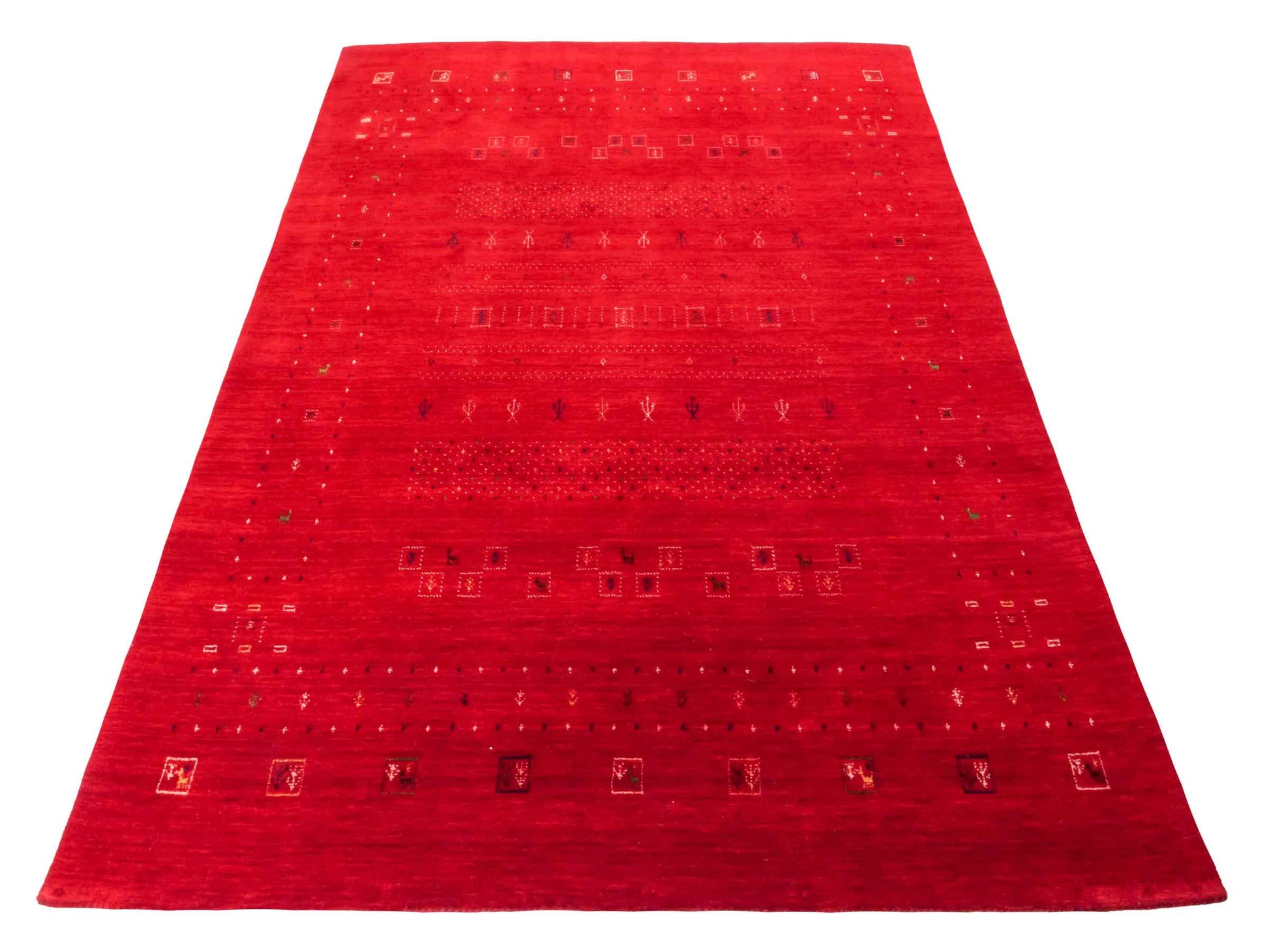 Moderner, Handloom Lori Gabbeh Orientteppich von Khademi aus Wolle, rot. Geometrisches Nomaden-Design. Produziert in Indien. Größe: 239x169cm. Teppichnummer: KB4-1820. Verkauf durch Jupiter Intl.