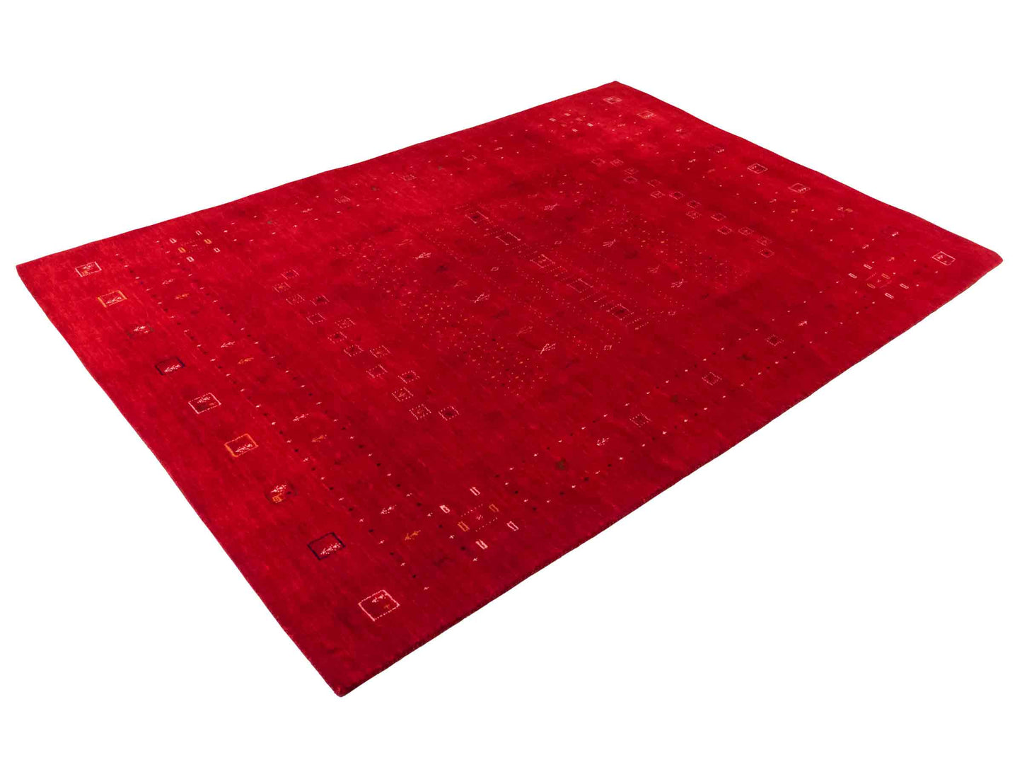 Moderner, Handloom Lori Gabbeh Orientteppich von Khademi aus Wolle, rot. Geometrisches Nomaden-Design. Produziert in Indien. Größe: 243x173cm. Teppichnummer: KB4-1815. Verkauf durch Jupiter Intl.