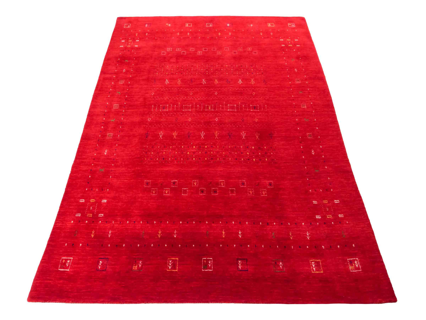 Moderner, Handloom Lori Gabbeh Orientteppich von Khademi aus Wolle, rot. Geometrisches Nomaden-Design. Produziert in Indien. Größe: 243x173cm. Teppichnummer: KB4-1815. Verkauf durch Jupiter Intl.