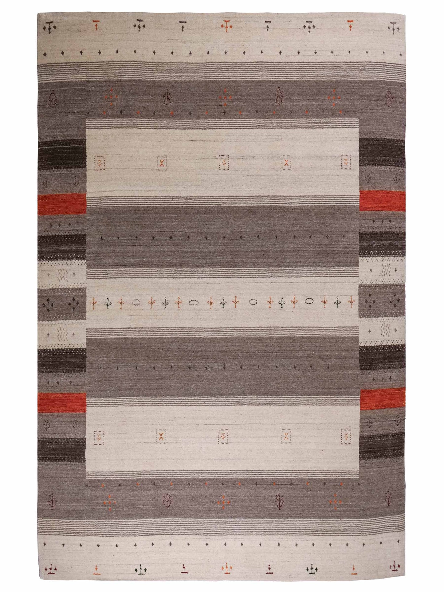 Moderner, Handloom Lori Gabbeh Orientteppich von Khademi aus Wolle, cremeweiß, grau. Geometrisches Nomaden-Design. Produziert in Indien. Größe: 243x174cm. Teppichnummer: KB4-1824. Verkauf durch Jupiter Intl.