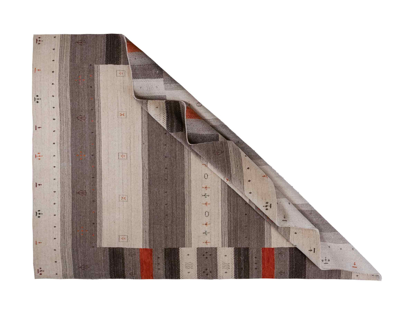 Moderner, Handloom Lori Gabbeh Orientteppich von Khademi aus Wolle, cremeweiß, grau. Geometrisches Nomaden-Design. Produziert in Indien. Größe: 243x174cm. Teppichnummer: KB4-1824. Verkauf durch Jupiter Intl.