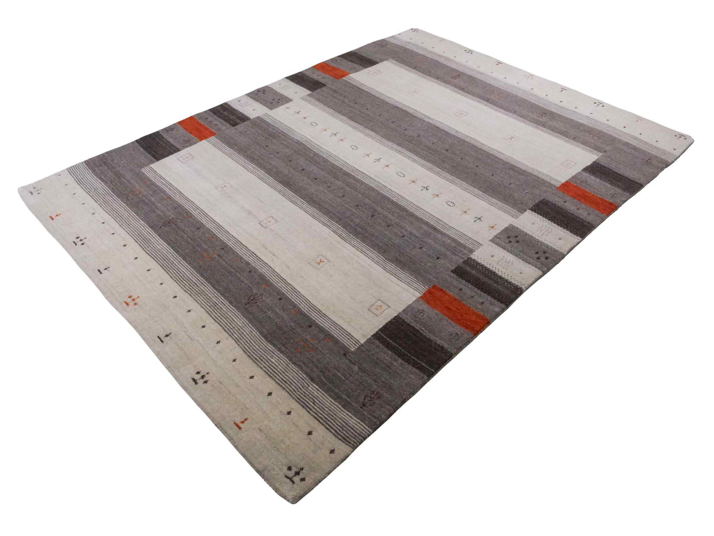 Moderner, Handloom Lori Gabbeh Orientteppich von Khademi aus Wolle, cremeweiß, grau. Geometrisches Nomaden-Design. Produziert in Indien. Größe: 243x174cm. Teppichnummer: KB4-1824. Verkauf durch Jupiter Intl.