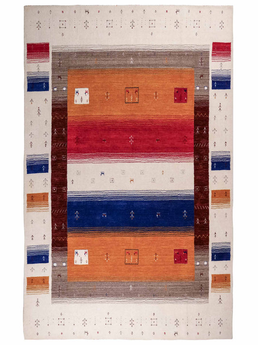 Moderner, Handloom Lori Gabbeh Orientteppich von Khademi aus Wolle, rot, mehrfarbig. Geometrisches Nomaden-Design. Produziert in Indien. Größe: 244x173cm. Teppichnummer: KB4-1816. Verkauf durch Jupiter Intl.