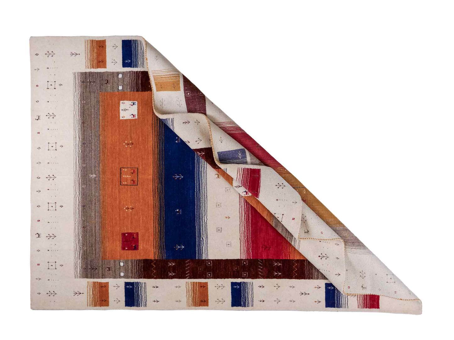 Moderner, Handloom Lori Gabbeh Orientteppich von Khademi aus Wolle, rot, mehrfarbig. Geometrisches Nomaden-Design. Produziert in Indien. Größe: 244x173cm. Teppichnummer: KB4-1816. Verkauf durch Jupiter Intl.