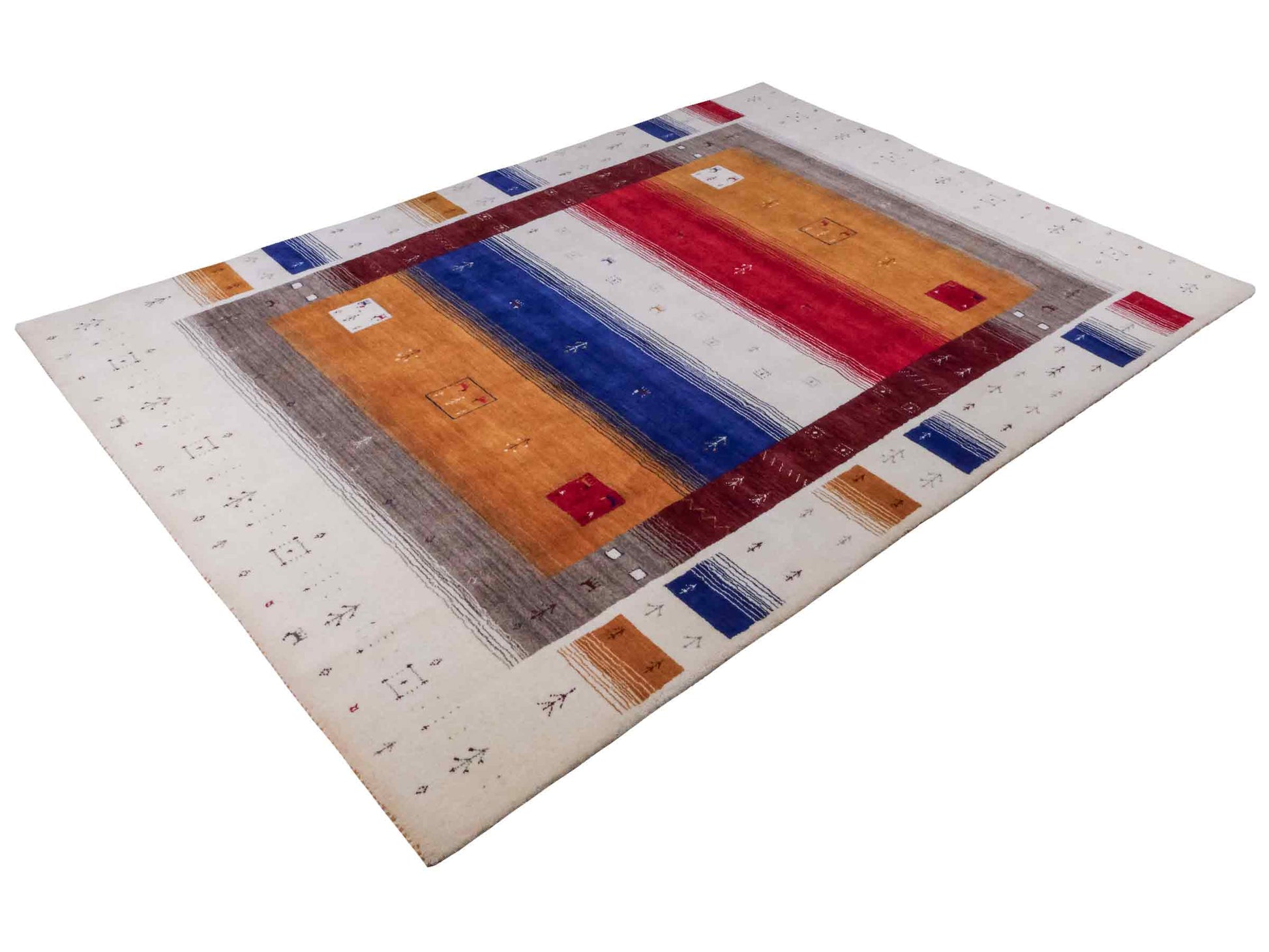 Moderner, Handloom Lori Gabbeh Orientteppich von Khademi aus Wolle, rot, mehrfarbig. Geometrisches Nomaden-Design. Produziert in Indien. Größe: 244x173cm. Teppichnummer: KB4-1816. Verkauf durch Jupiter Intl.