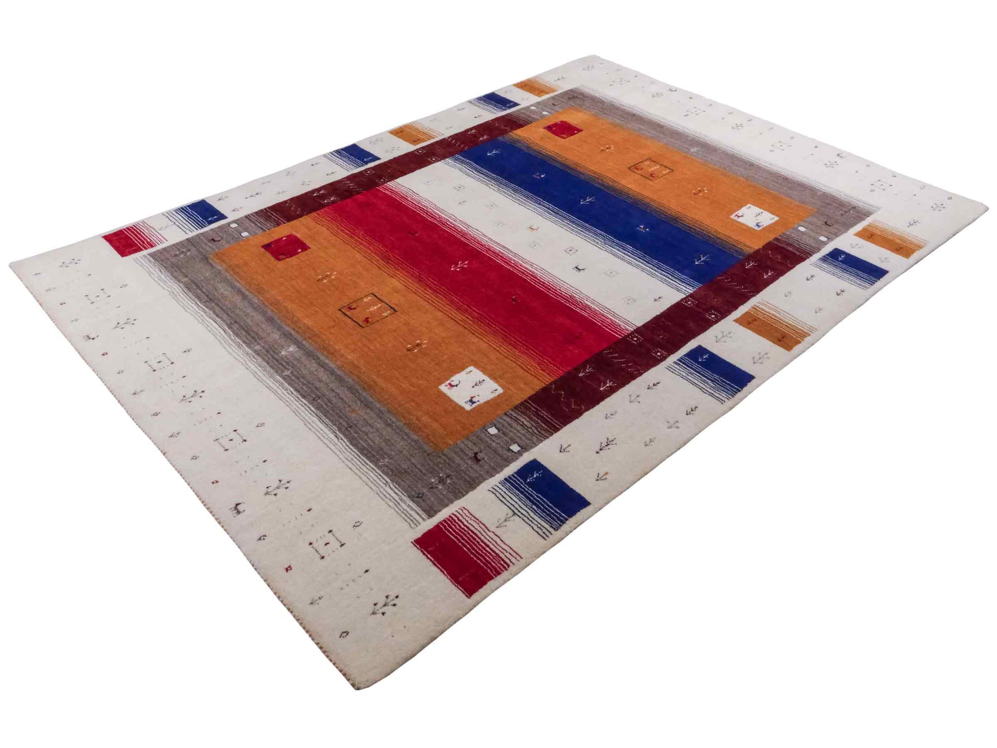 Moderner, Handloom Lori Gabbeh Orientteppich von Khademi aus Wolle, rot, mehrfarbig. Geometrisches Nomaden-Design. Produziert in Indien. Größe: 244x173cm. Teppichnummer: KB4-1816. Verkauf durch Jupiter Intl.