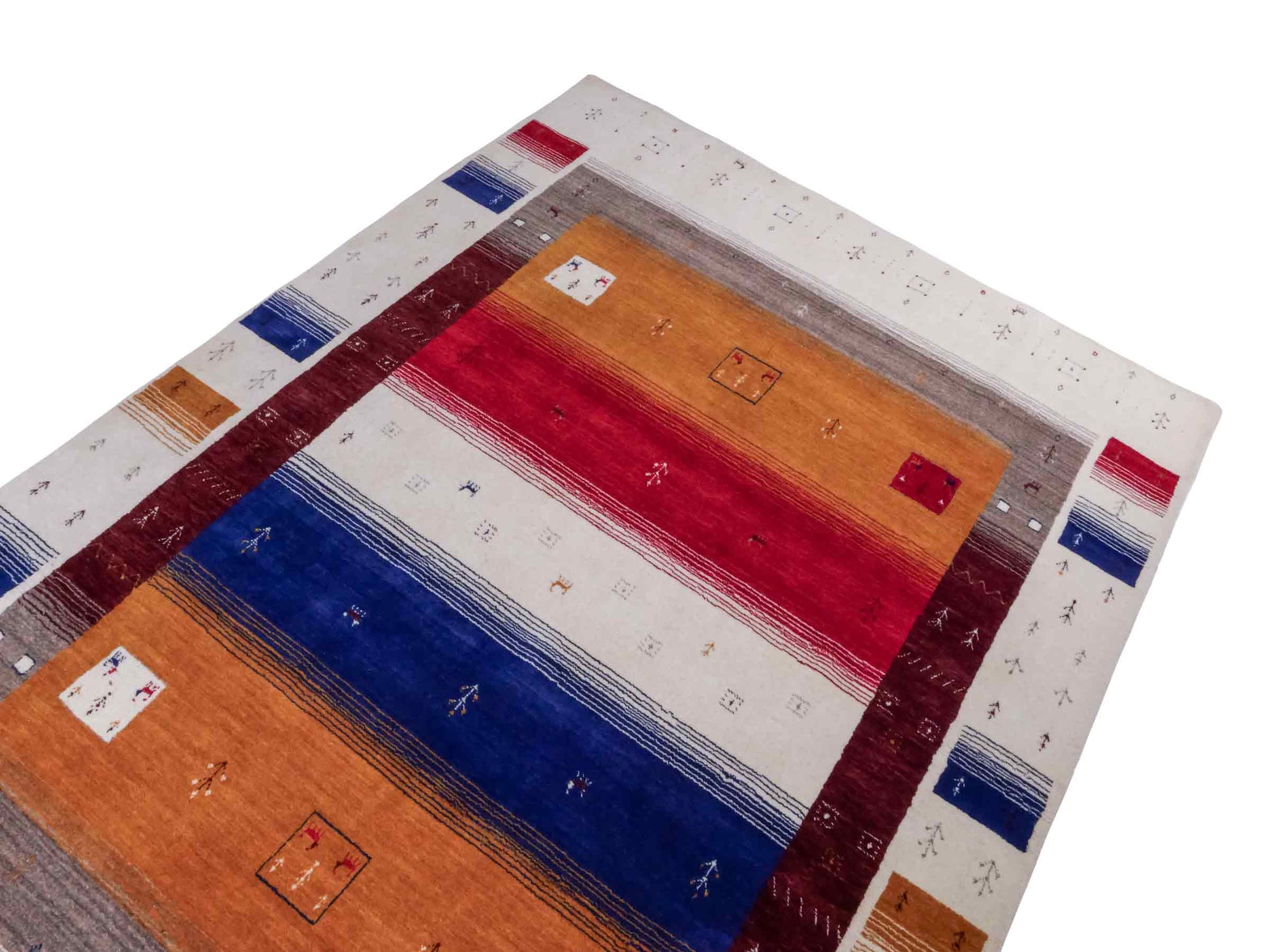 Moderner, Handloom Lori Gabbeh Orientteppich von Khademi aus Wolle, rot, mehrfarbig. Geometrisches Nomaden-Design. Produziert in Indien. Größe: 244x173cm. Teppichnummer: KB4-1816. Verkauf durch Jupiter Intl.