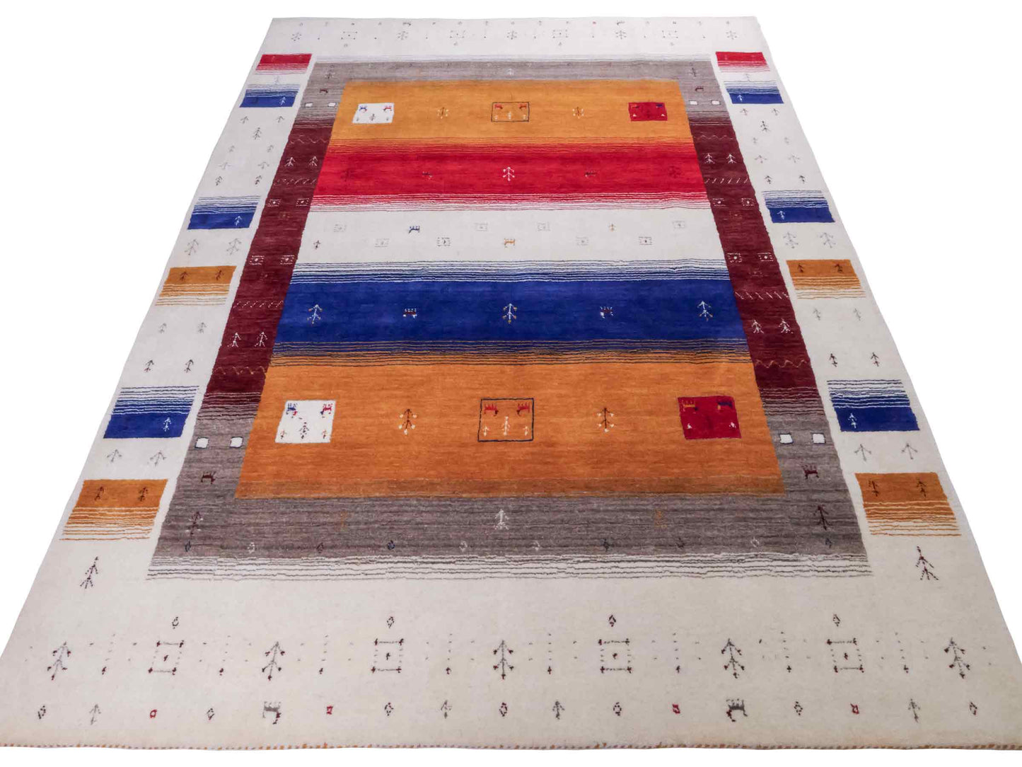 Moderner, Handloom Lori Gabbeh Orientteppich von Khademi aus Wolle, rot, mehrfarbig. Geometrisches Nomaden-Design. Produziert in Indien. Größe: 244x173cm. Teppichnummer: KB4-1816. Verkauf durch Jupiter Intl.