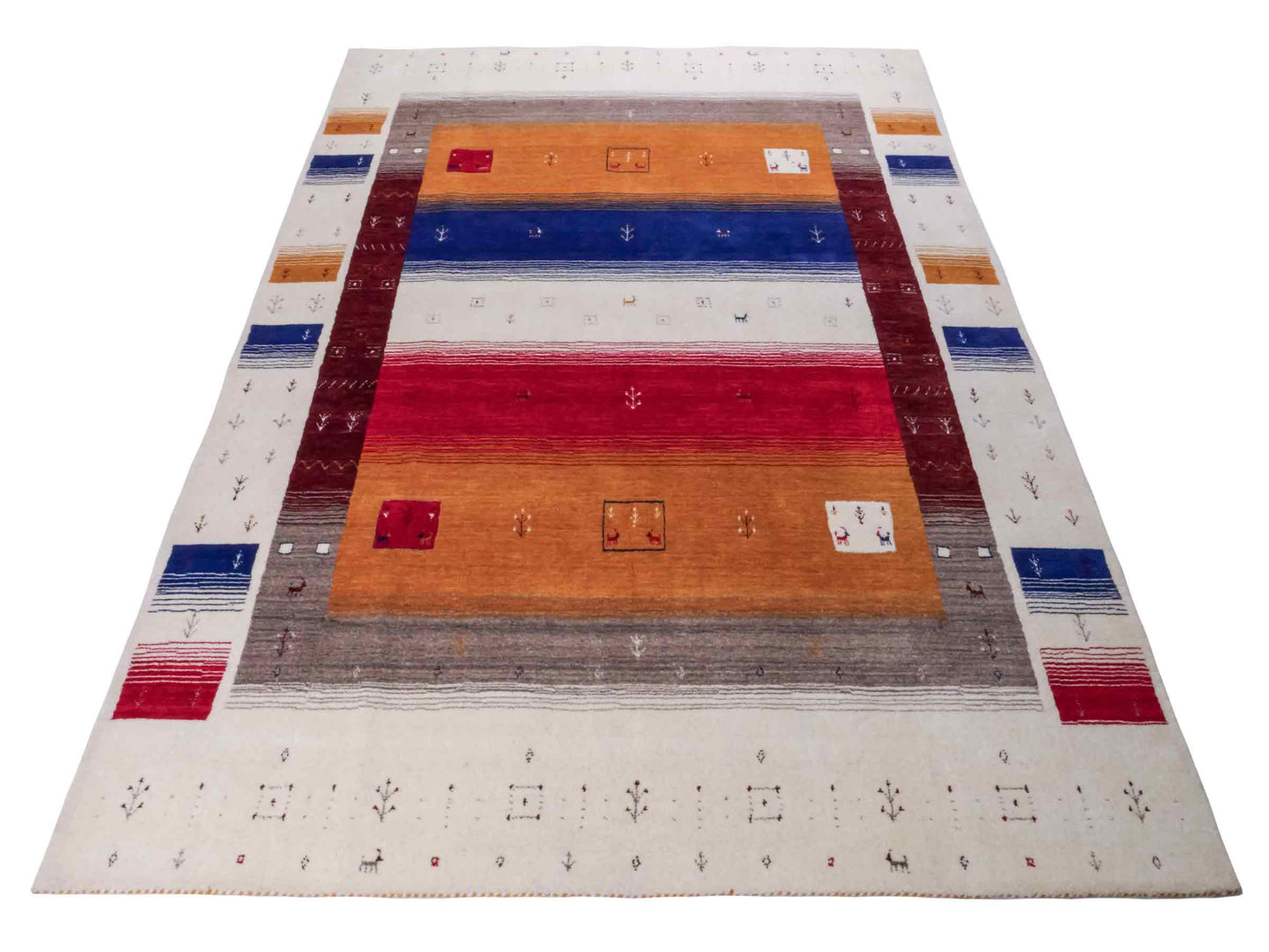 Moderner, Handloom Lori Gabbeh Orientteppich von Khademi aus Wolle, rot, mehrfarbig. Geometrisches Nomaden-Design. Produziert in Indien. Größe: 244x173cm. Teppichnummer: KB4-1816. Verkauf durch Jupiter Intl.